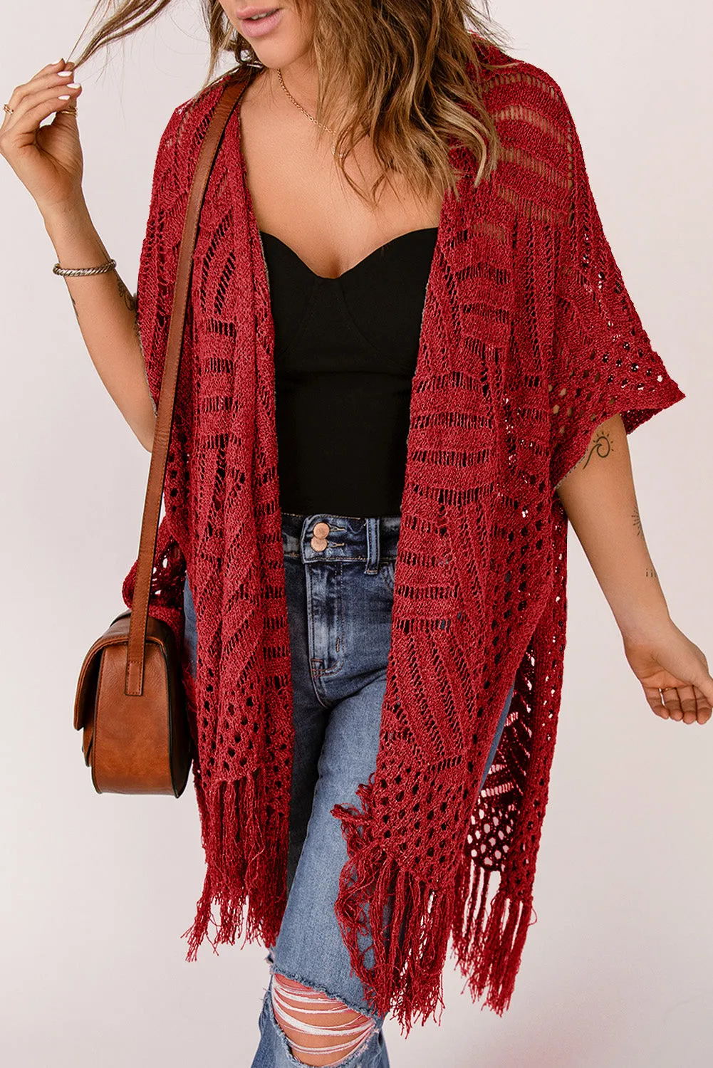 Women's Loose Knitwear Tassels Kimono with Slits