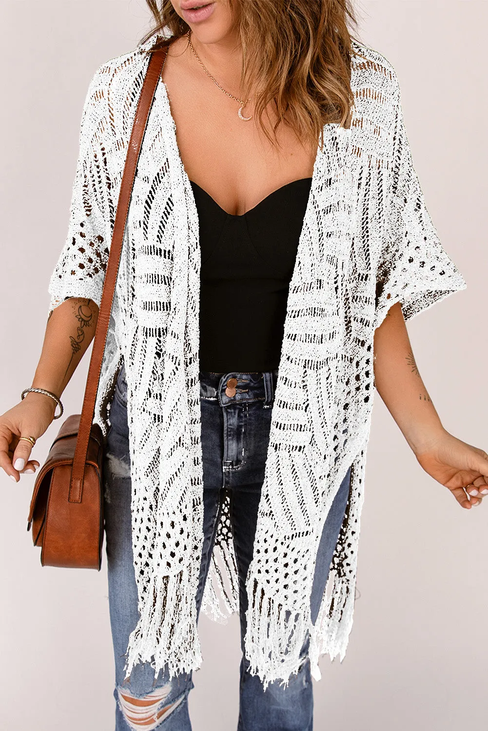 Women's Loose Knitwear Tassels Kimono with Slits