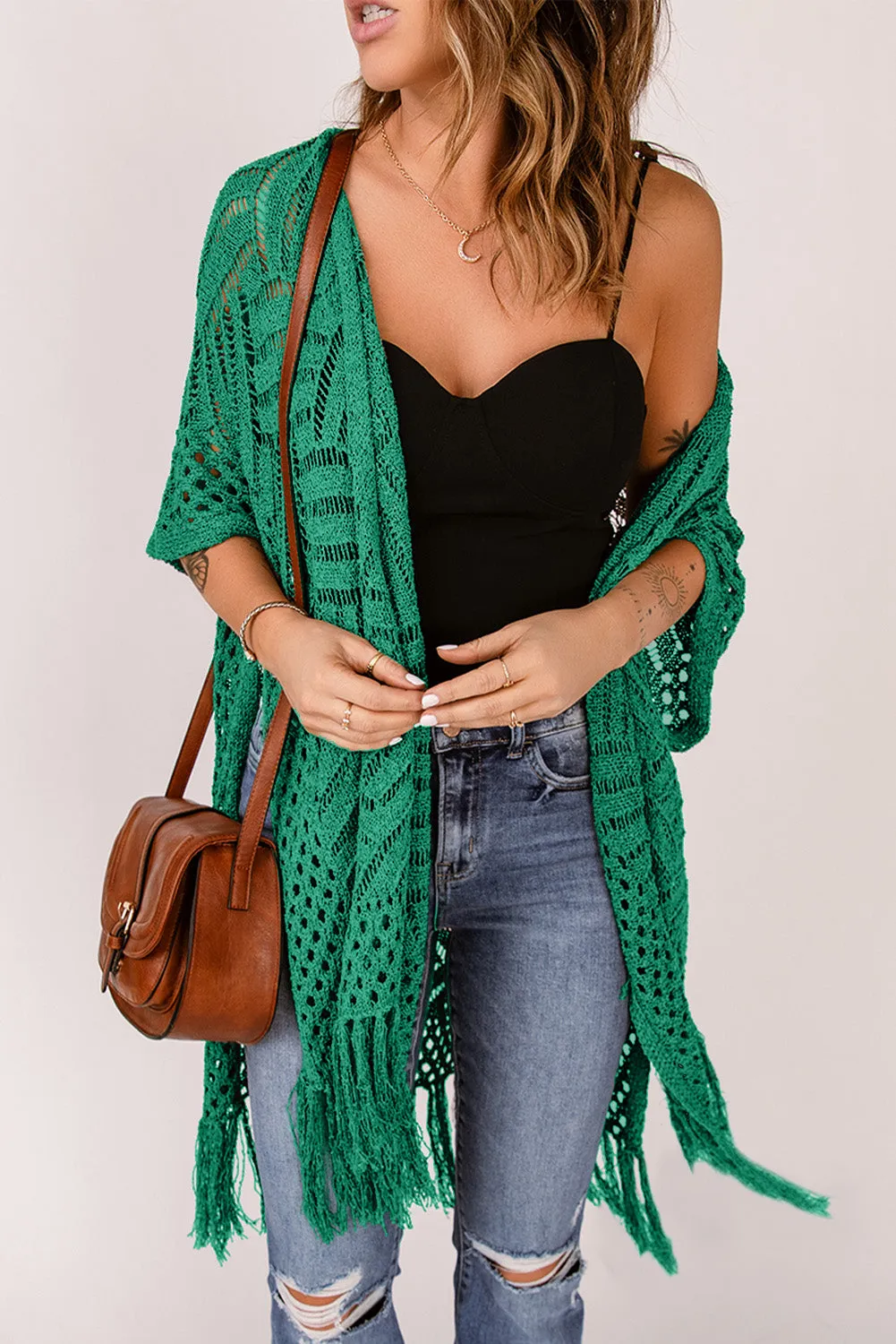 Women's Loose Knitwear Tassels Kimono with Slits