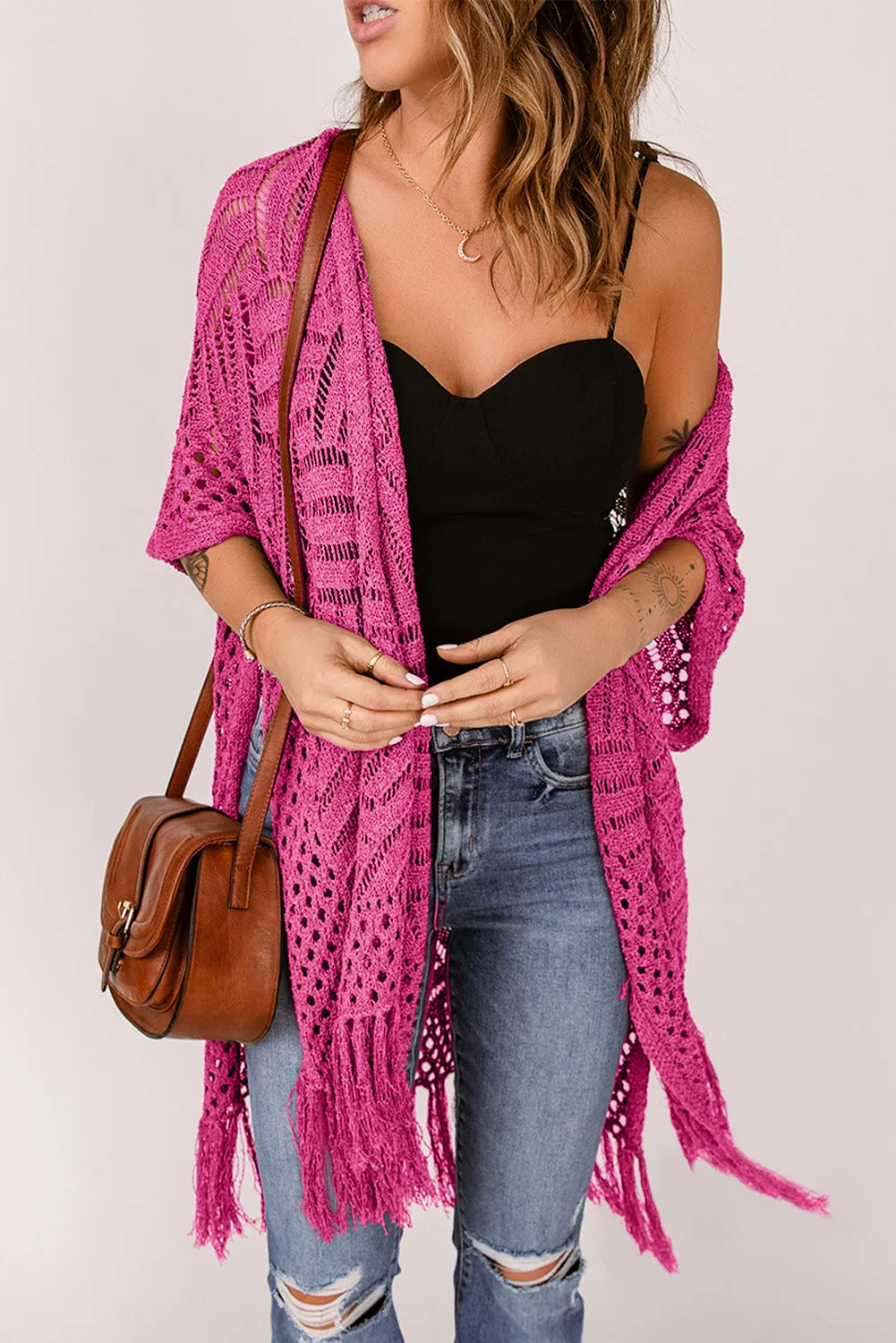 Women's Loose Knitwear Tassels Kimono with Slits