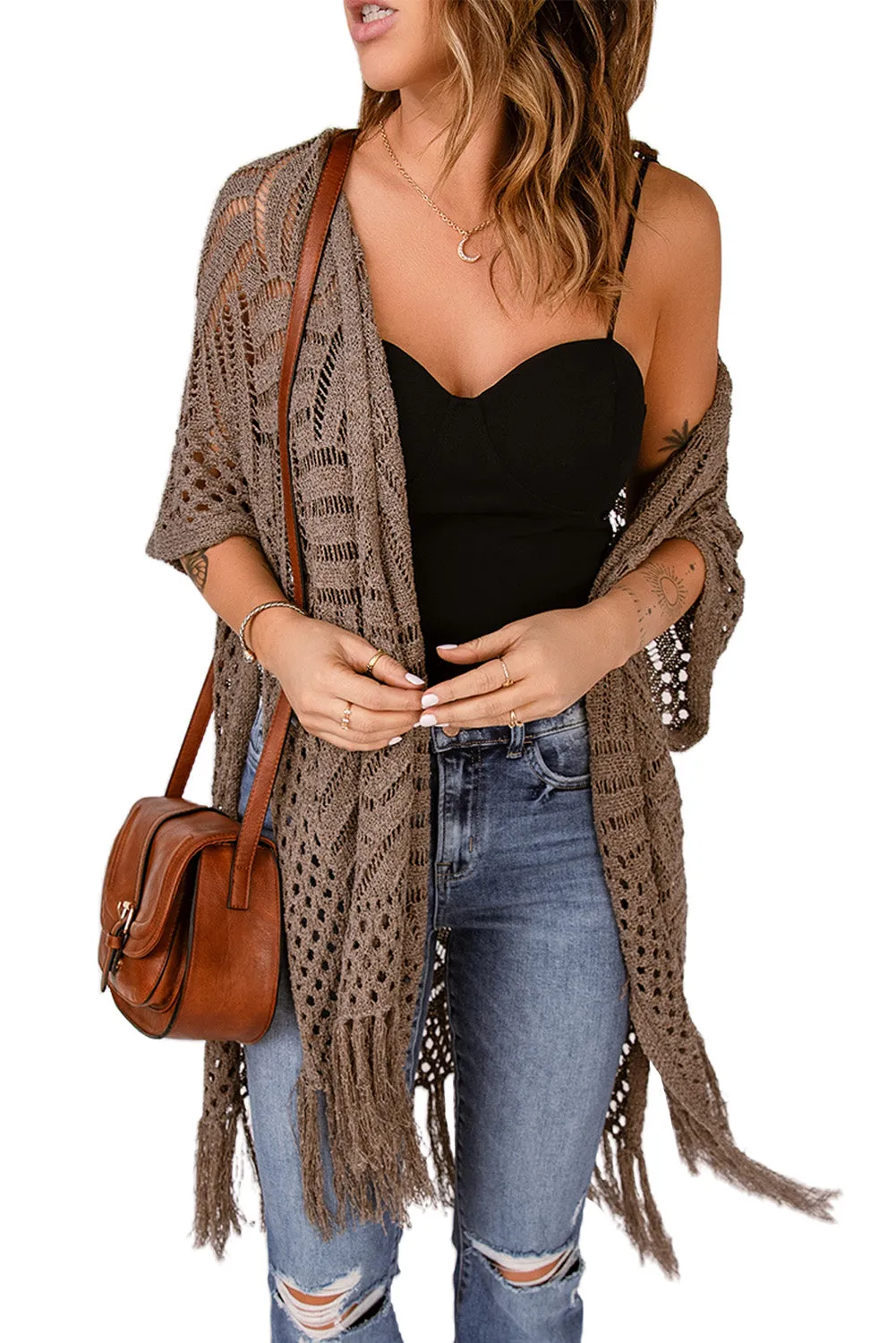 Women's Loose Knitwear Tassels Kimono with Slits