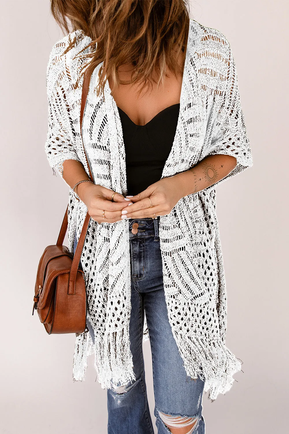 Women's Loose Knitwear Tassels Kimono with Slits