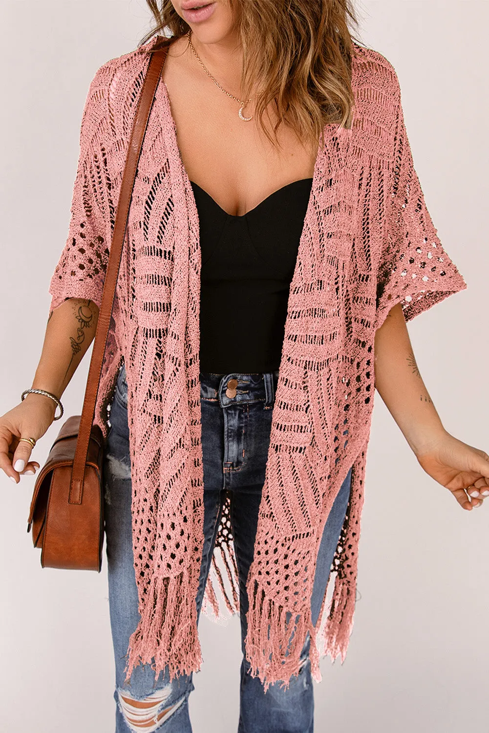 Women's Loose Knitwear Tassels Kimono with Slits