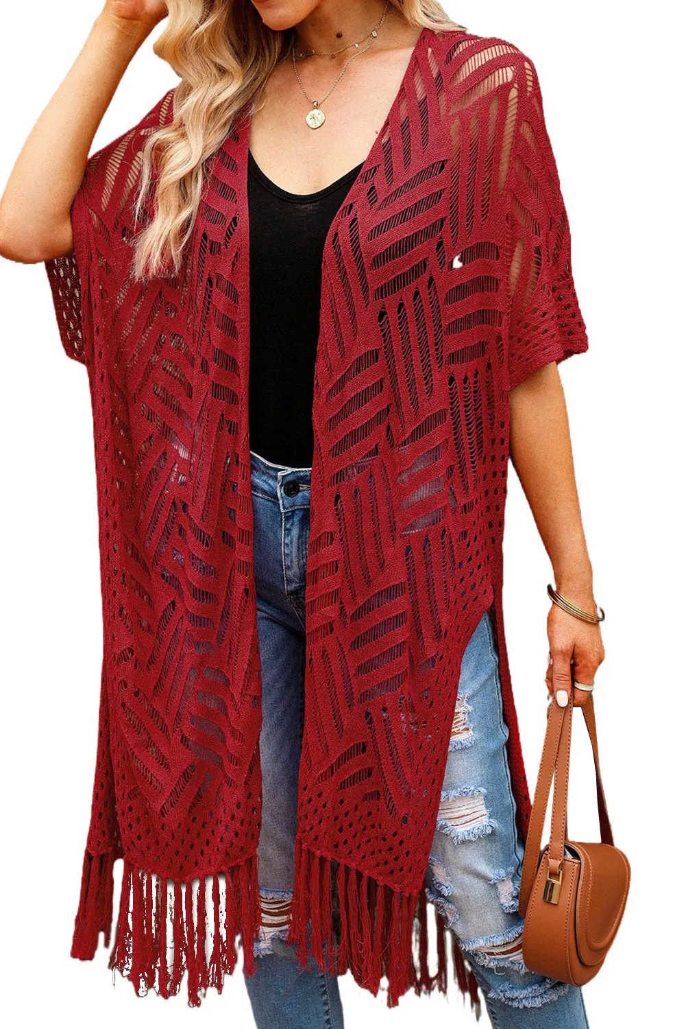 Women's Loose Knitwear Tassels Kimono with Slits