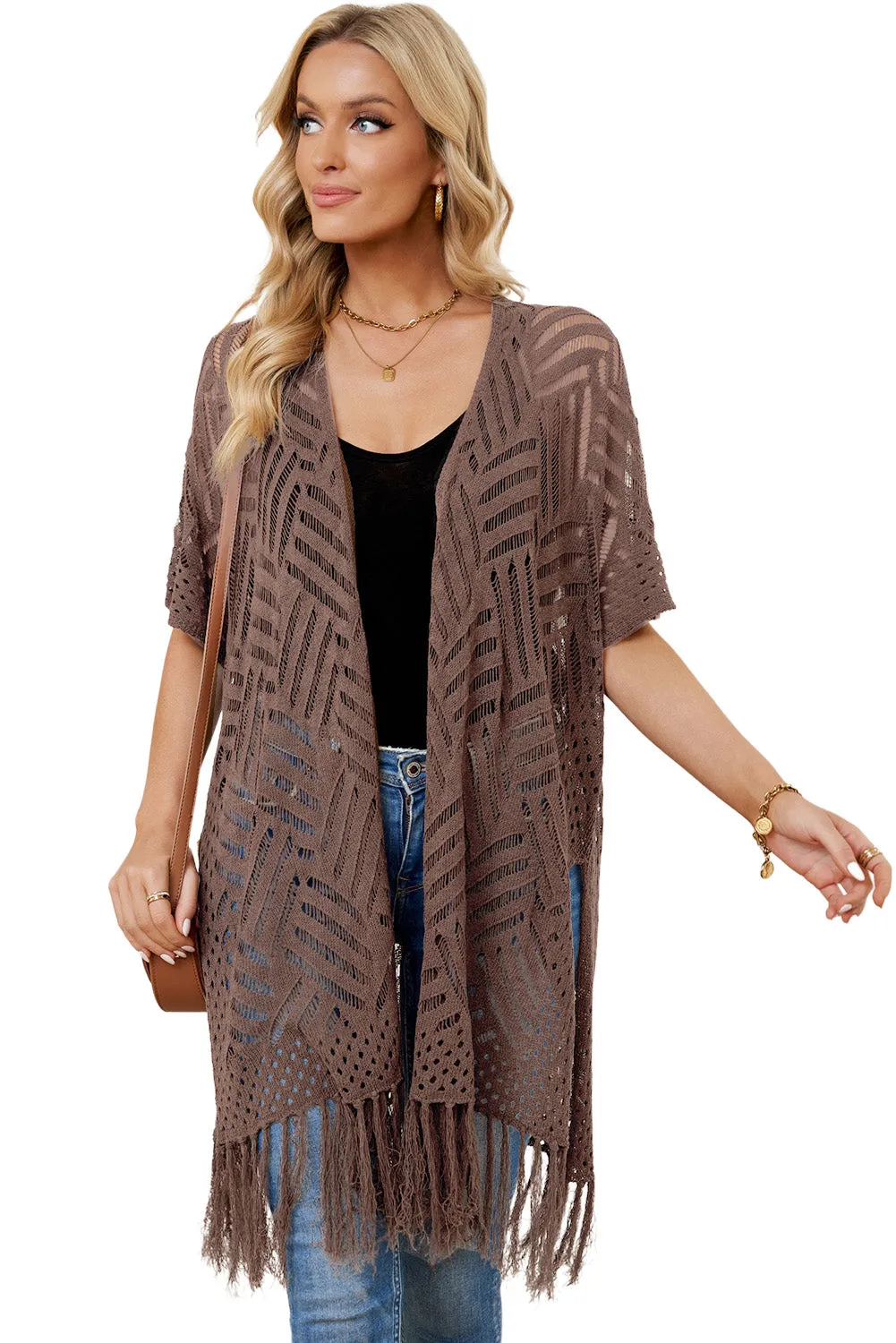 Women's Loose Knitwear Tassels Kimono with Slits