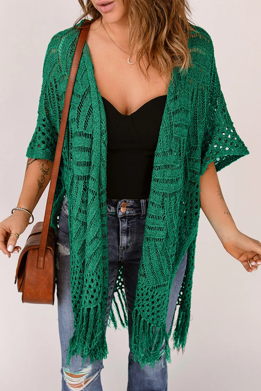 Women's Loose Knitwear Tassels Kimono with Slits