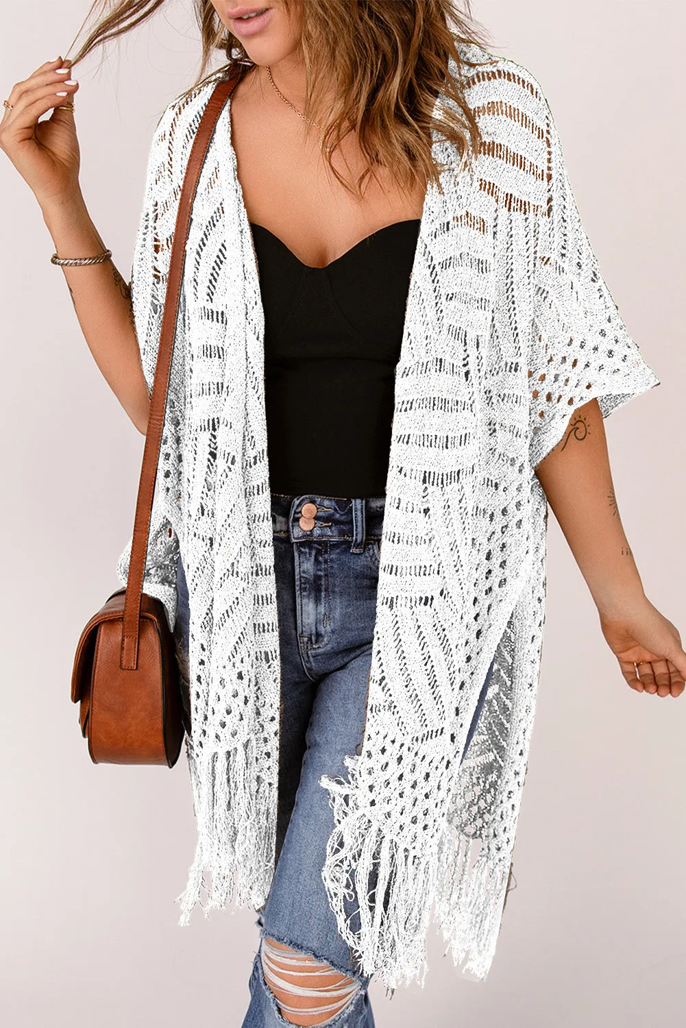 Women's Loose Knitwear Tassels Kimono with Slits