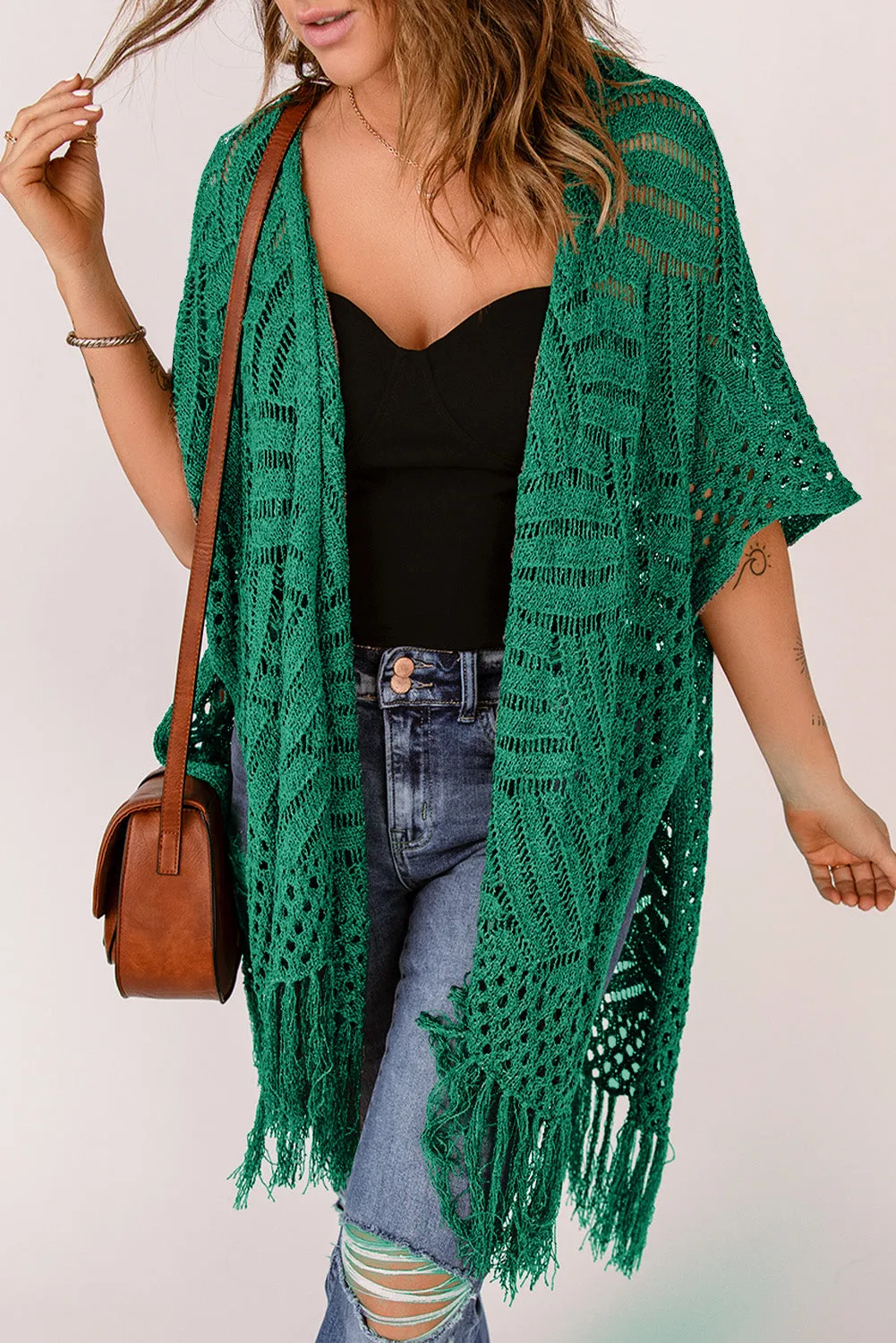 Women's Loose Knitwear Tassels Kimono with Slits