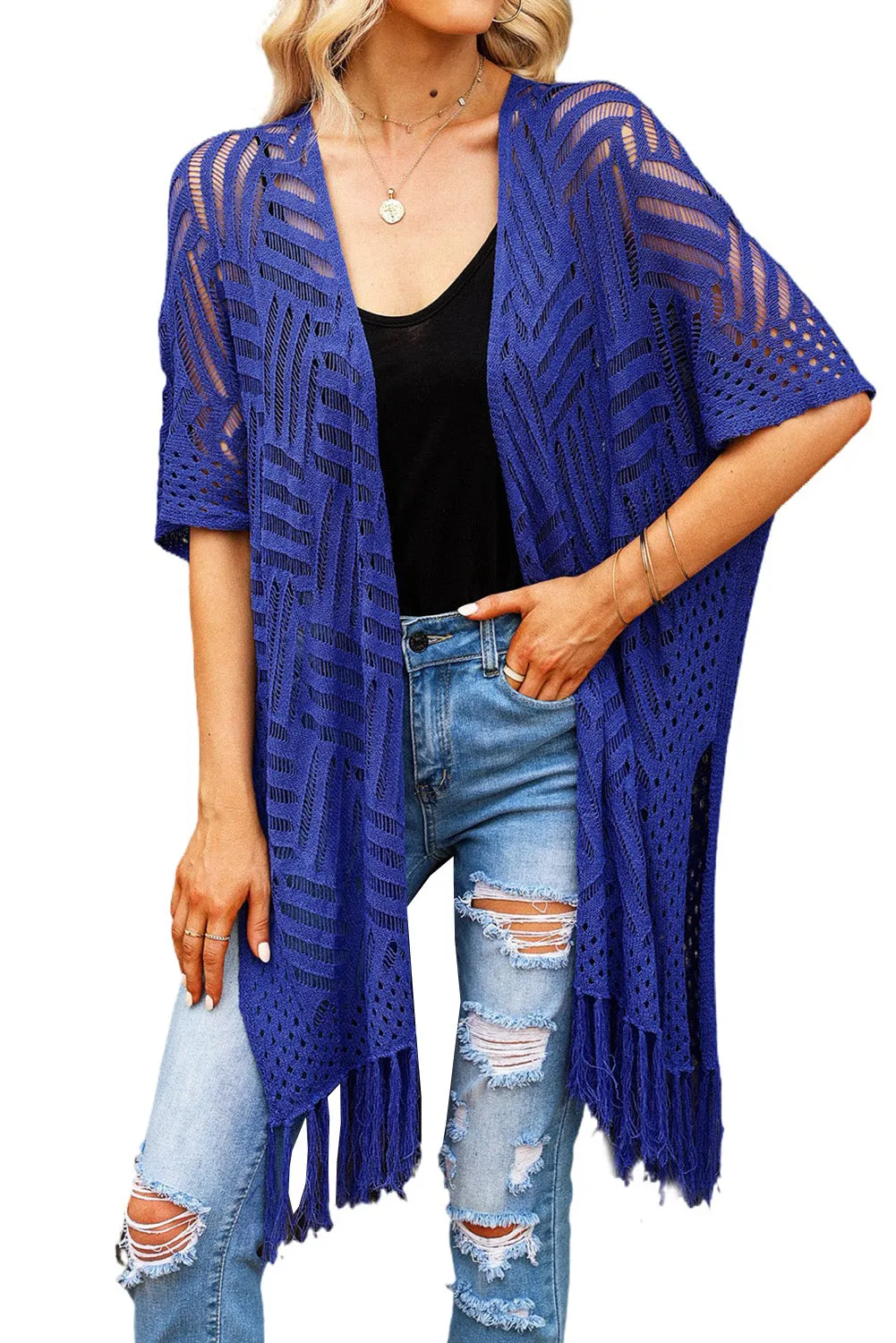 Women's Loose Knitwear Tassels Kimono with Slits