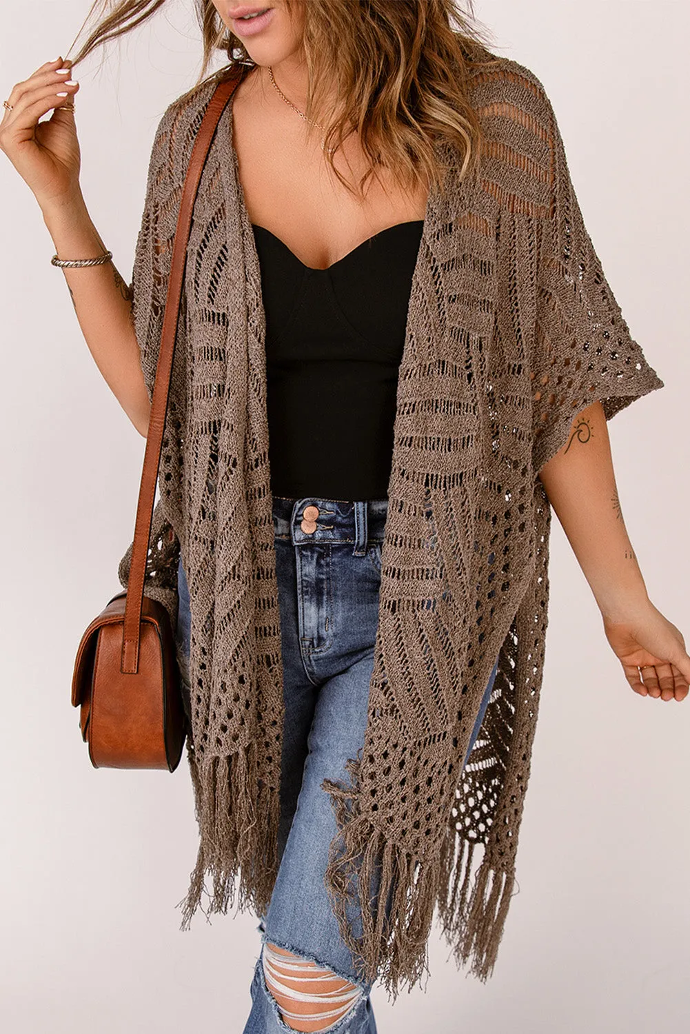 Women's Loose Knitwear Tassels Kimono with Slits