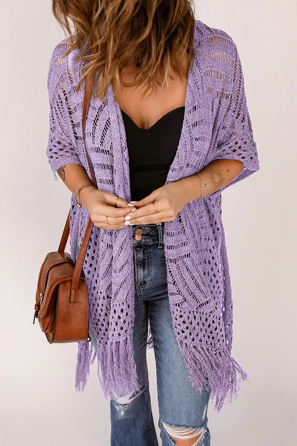 Women's Loose Knitwear Tassels Kimono with Slits