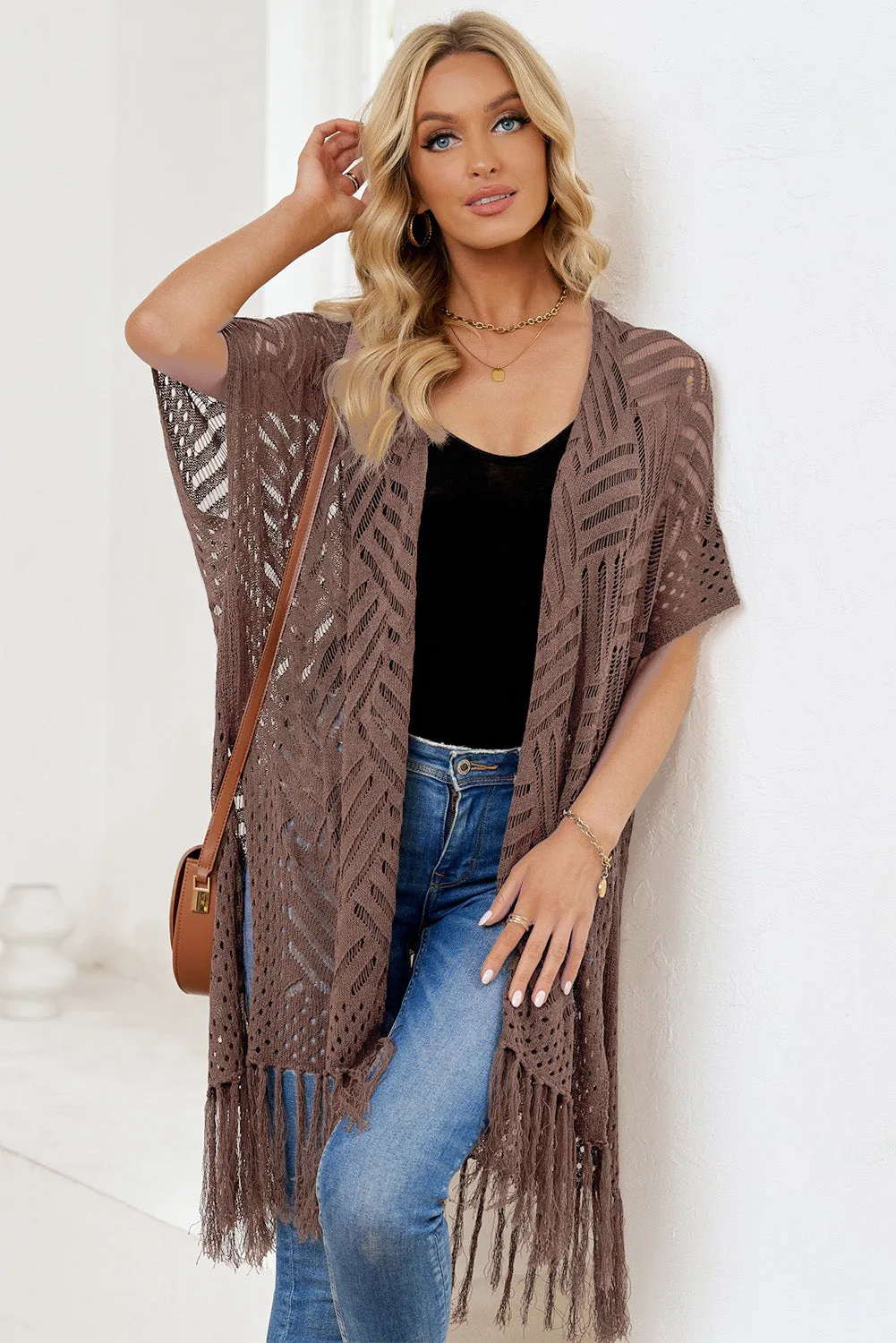 Women's Loose Knitwear Tassels Kimono with Slits