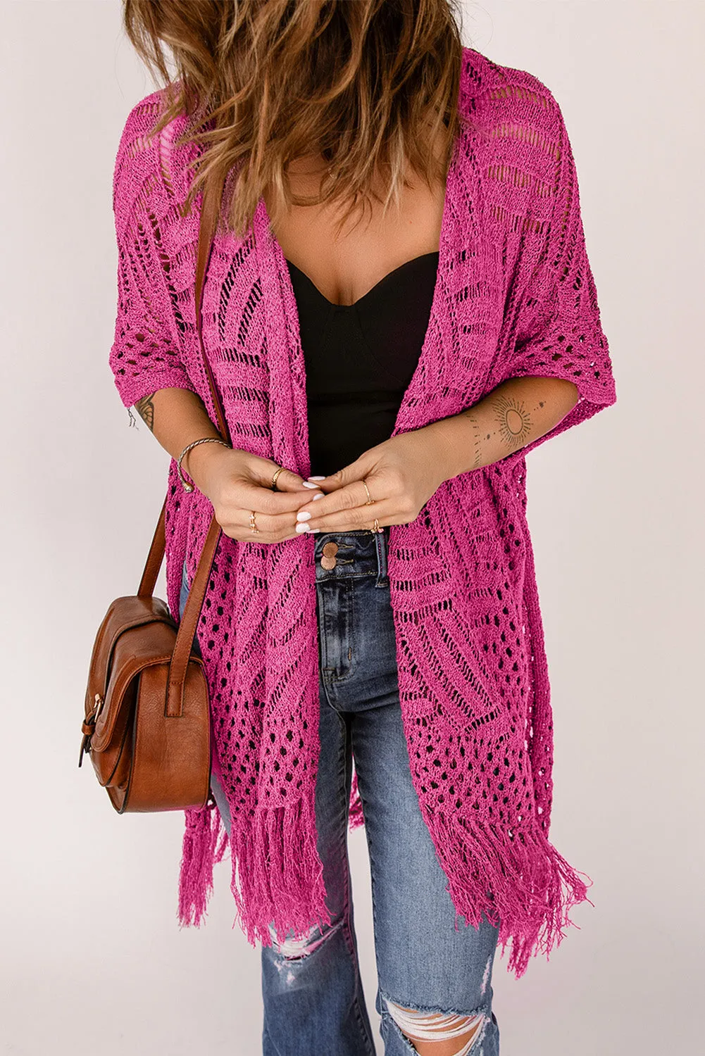 Women's Loose Knitwear Tassels Kimono with Slits