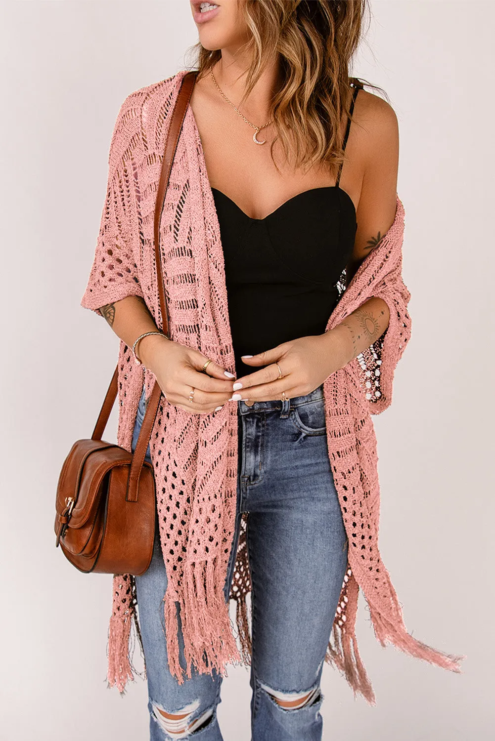 Women's Loose Knitwear Tassels Kimono with Slits