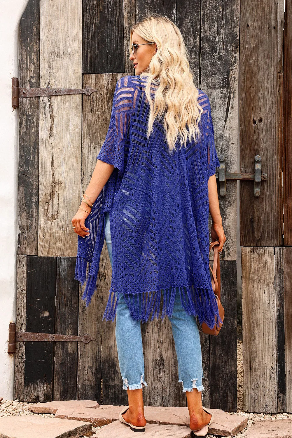 Women's Loose Knitwear Tassels Kimono with Slits