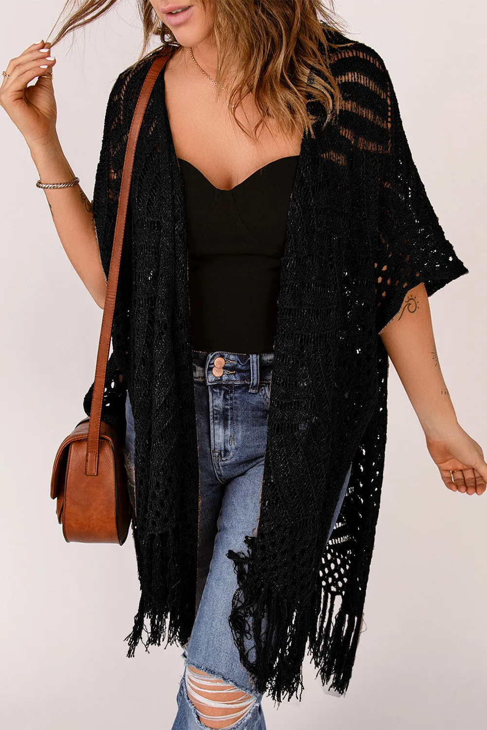 Women's Loose Knitwear Tassels Kimono with Slits