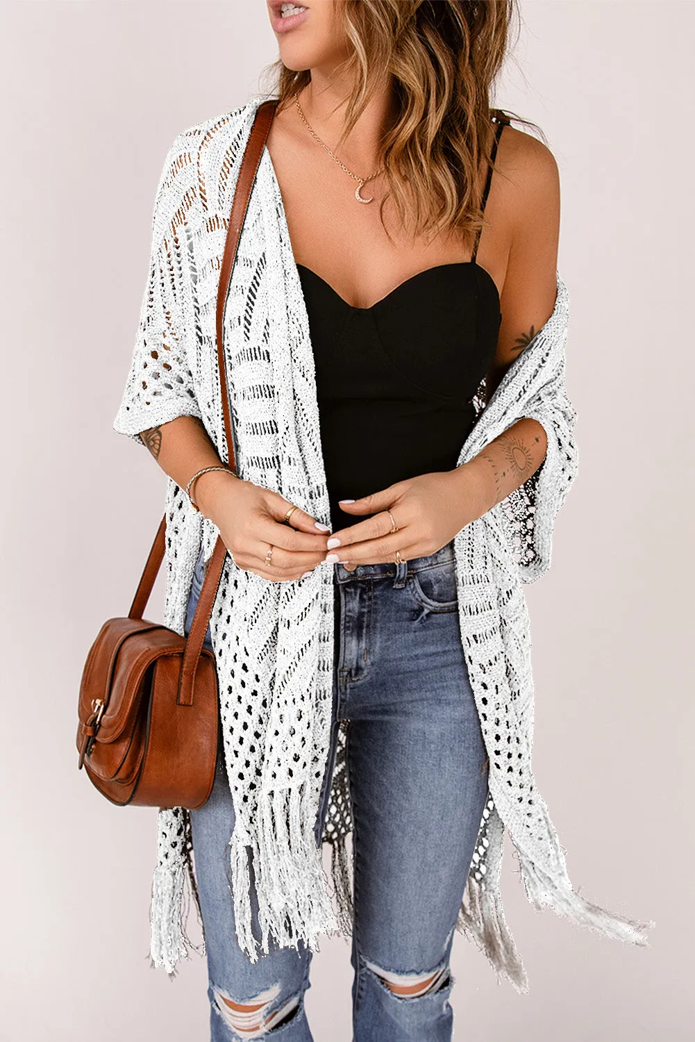 Women's Loose Knitwear Tassels Kimono with Slits