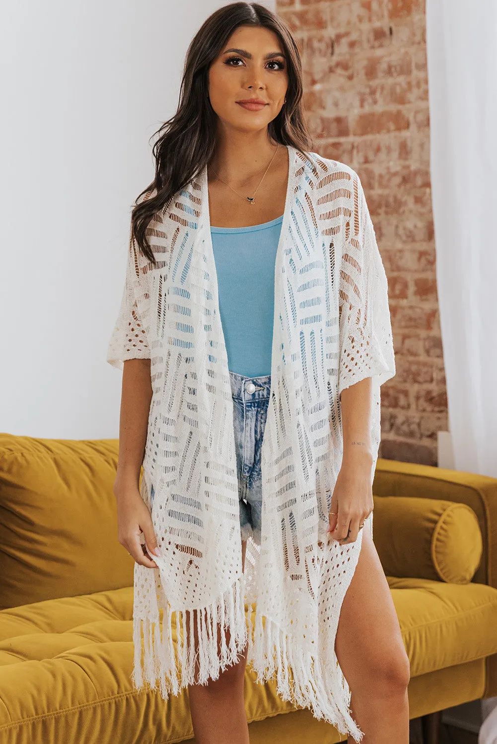 Women's Loose Knitwear Tassels Kimono with Slits