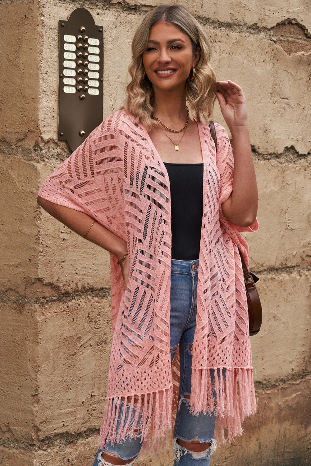 Women's Loose Knitwear Tassels Kimono with Slits