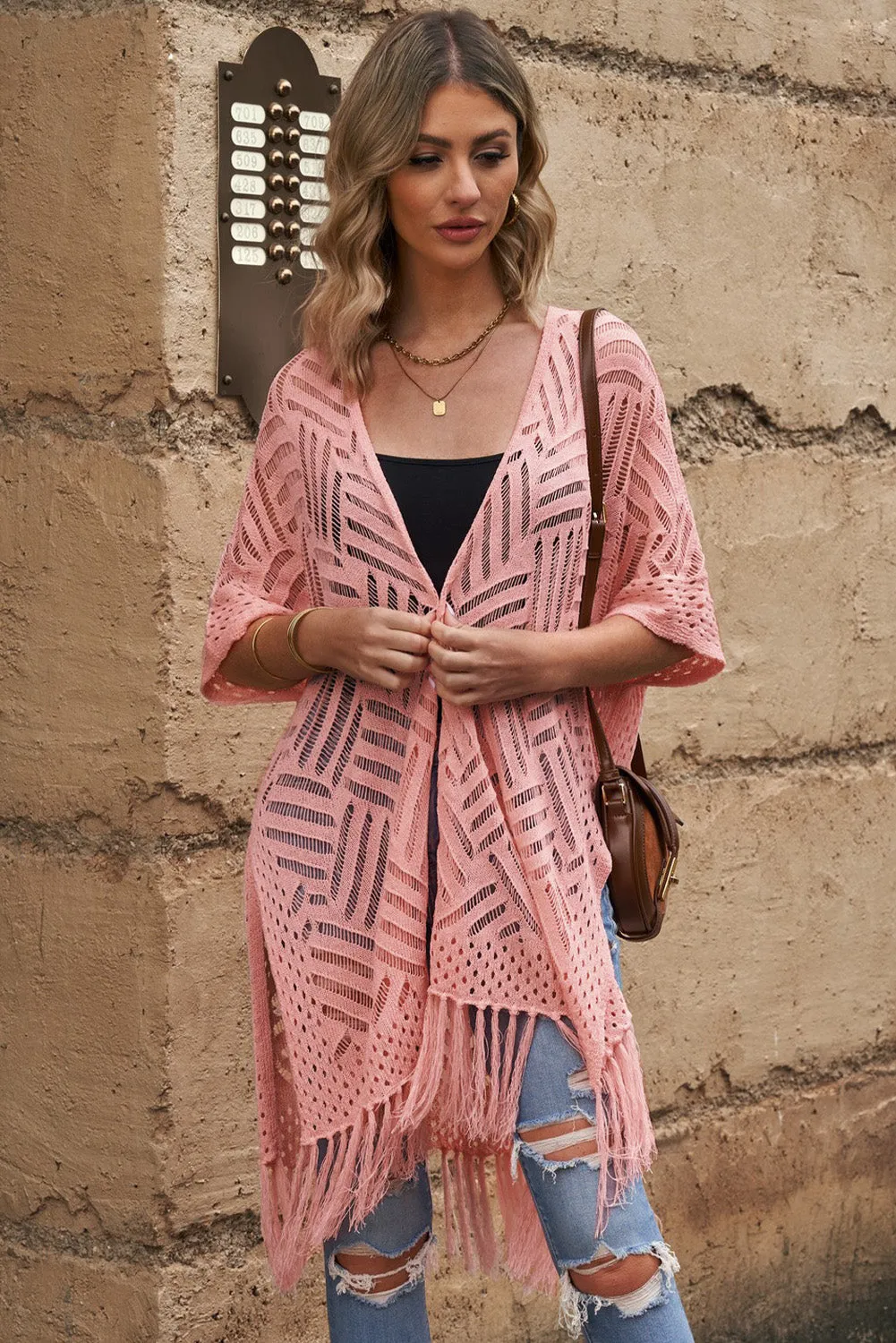 Women's Loose Knitwear Tassels Kimono with Slits