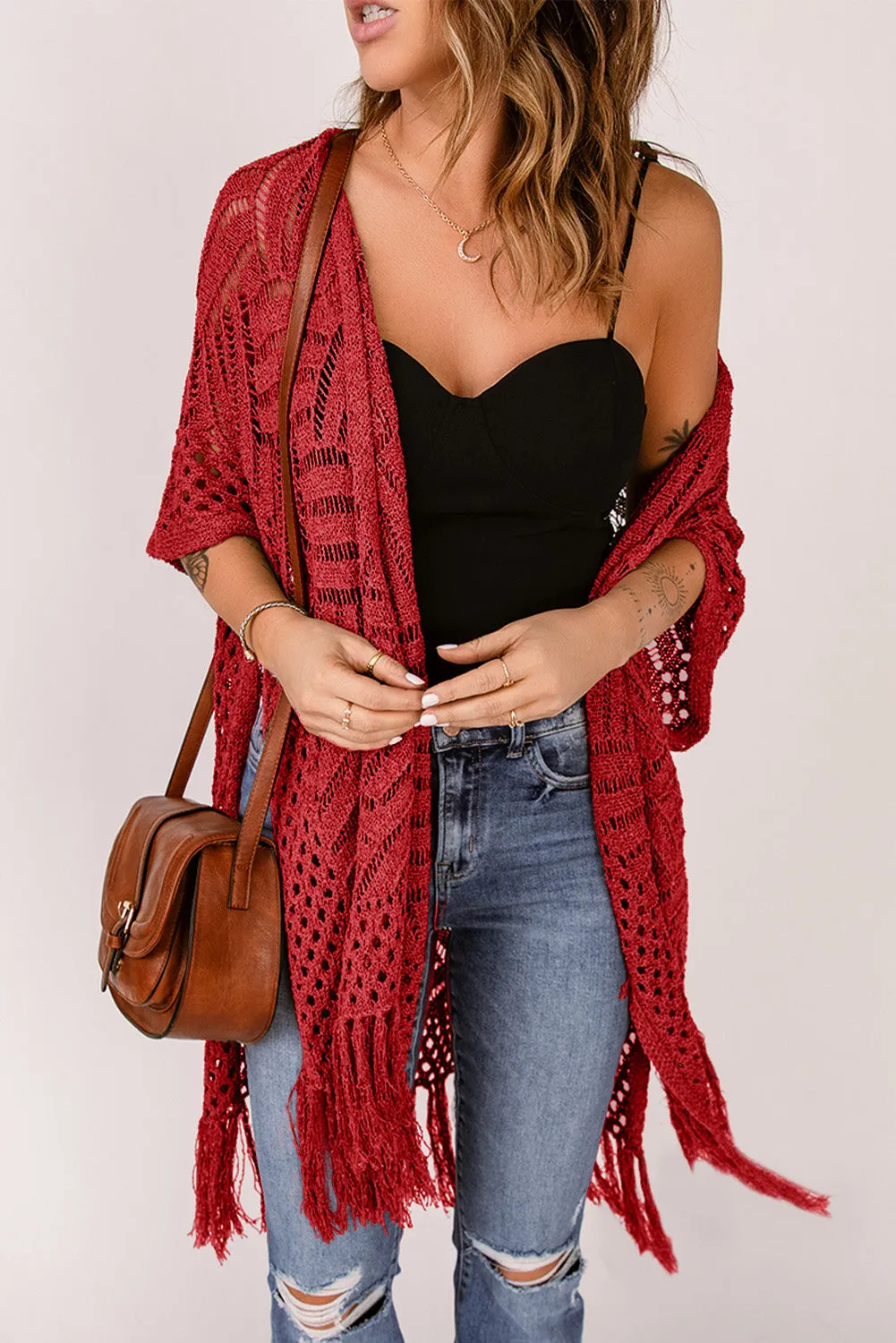 Women's Loose Knitwear Tassels Kimono with Slits