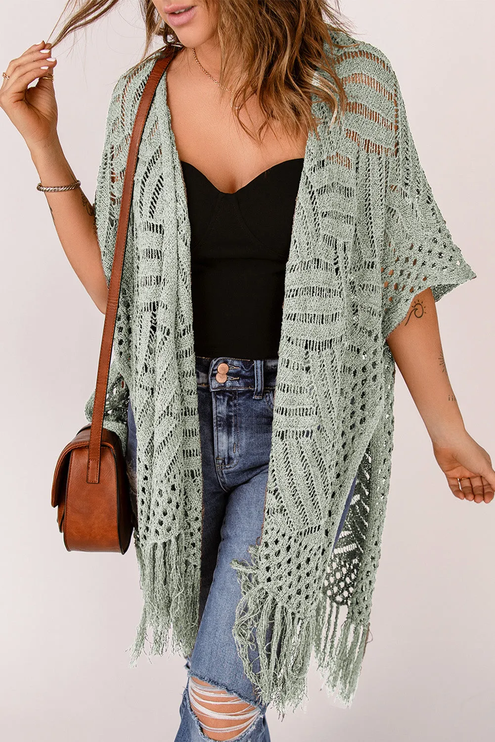 Women's Loose Knitwear Tassels Kimono with Slits