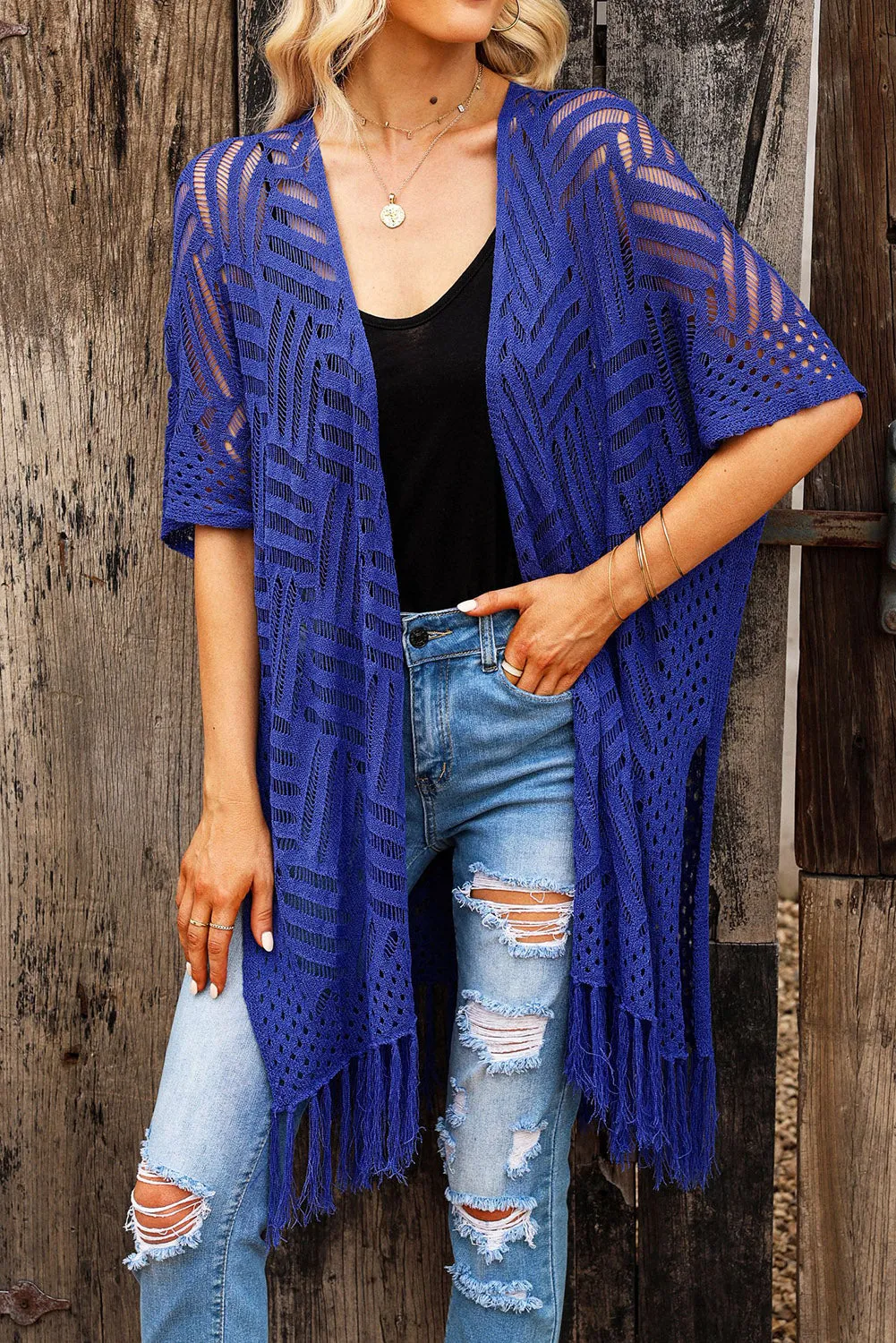 Women's Loose Knitwear Tassels Kimono with Slits