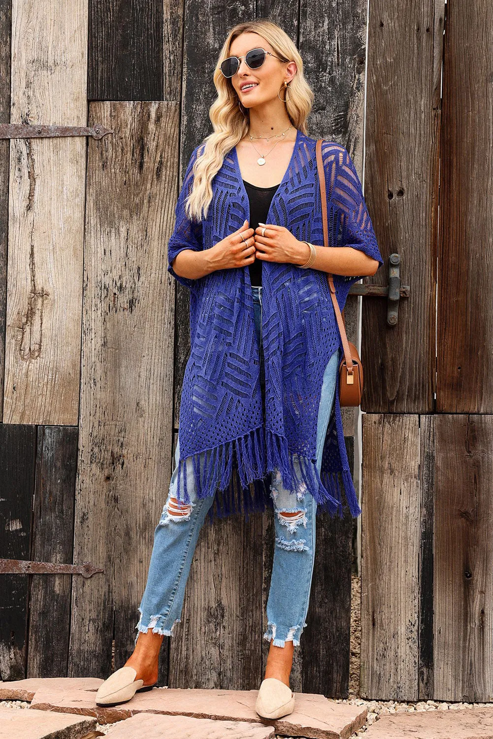 Women's Loose Knitwear Tassels Kimono with Slits