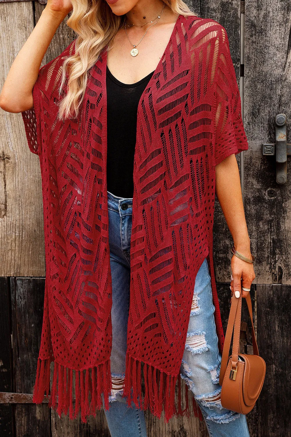 Women's Loose Knitwear Tassels Kimono with Slits