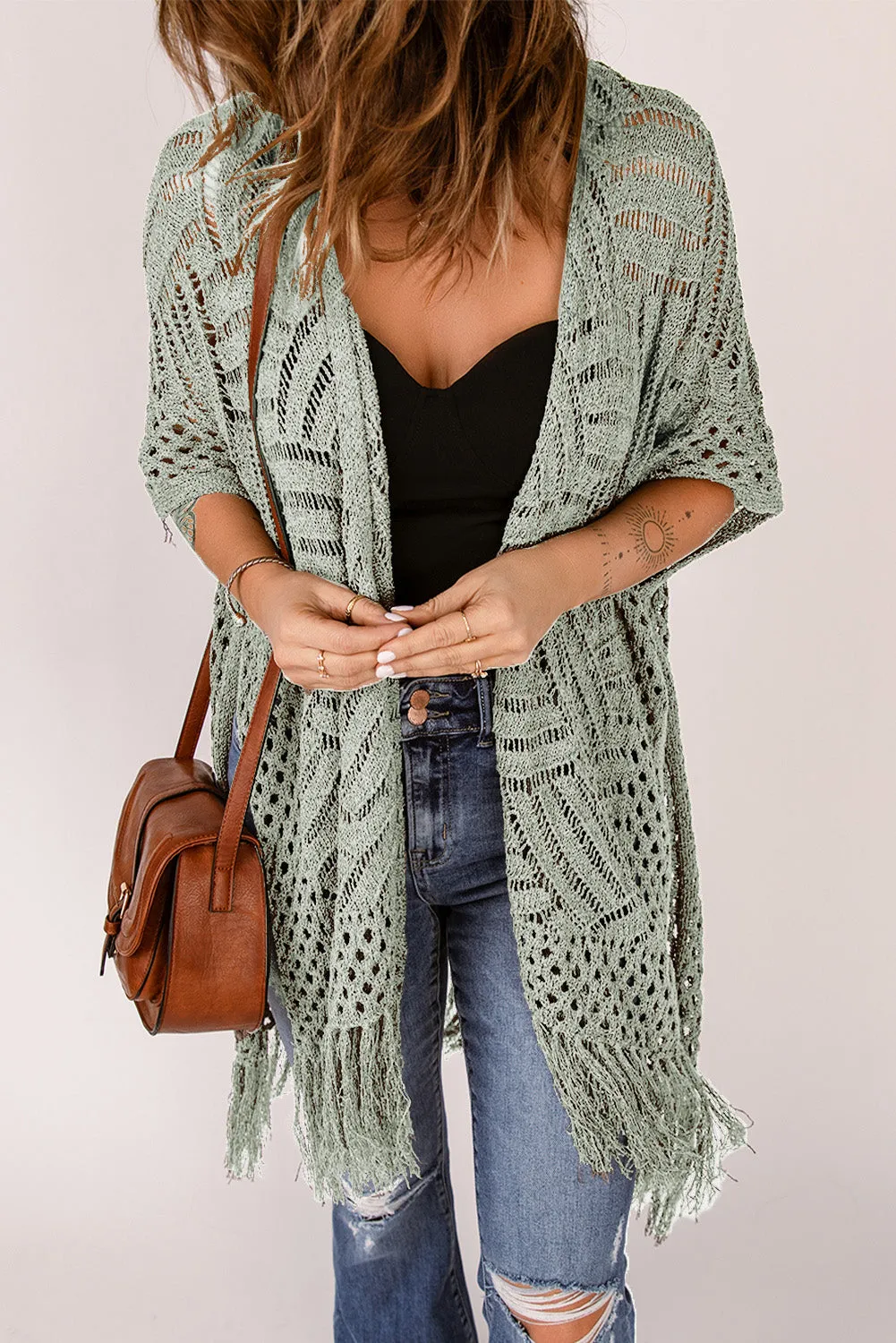 Women's Loose Knitwear Tassels Kimono with Slits