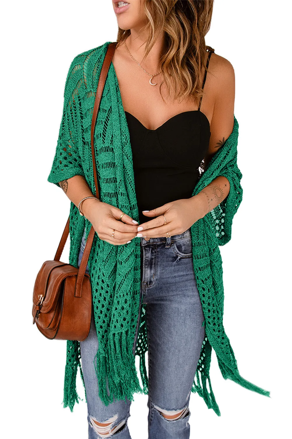 Women's Loose Knitwear Tassels Kimono with Slits