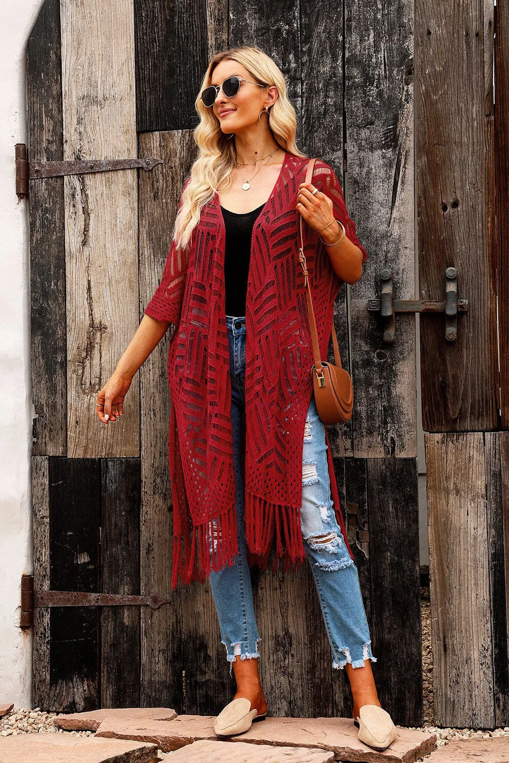 Women's Loose Knitwear Tassels Kimono with Slits