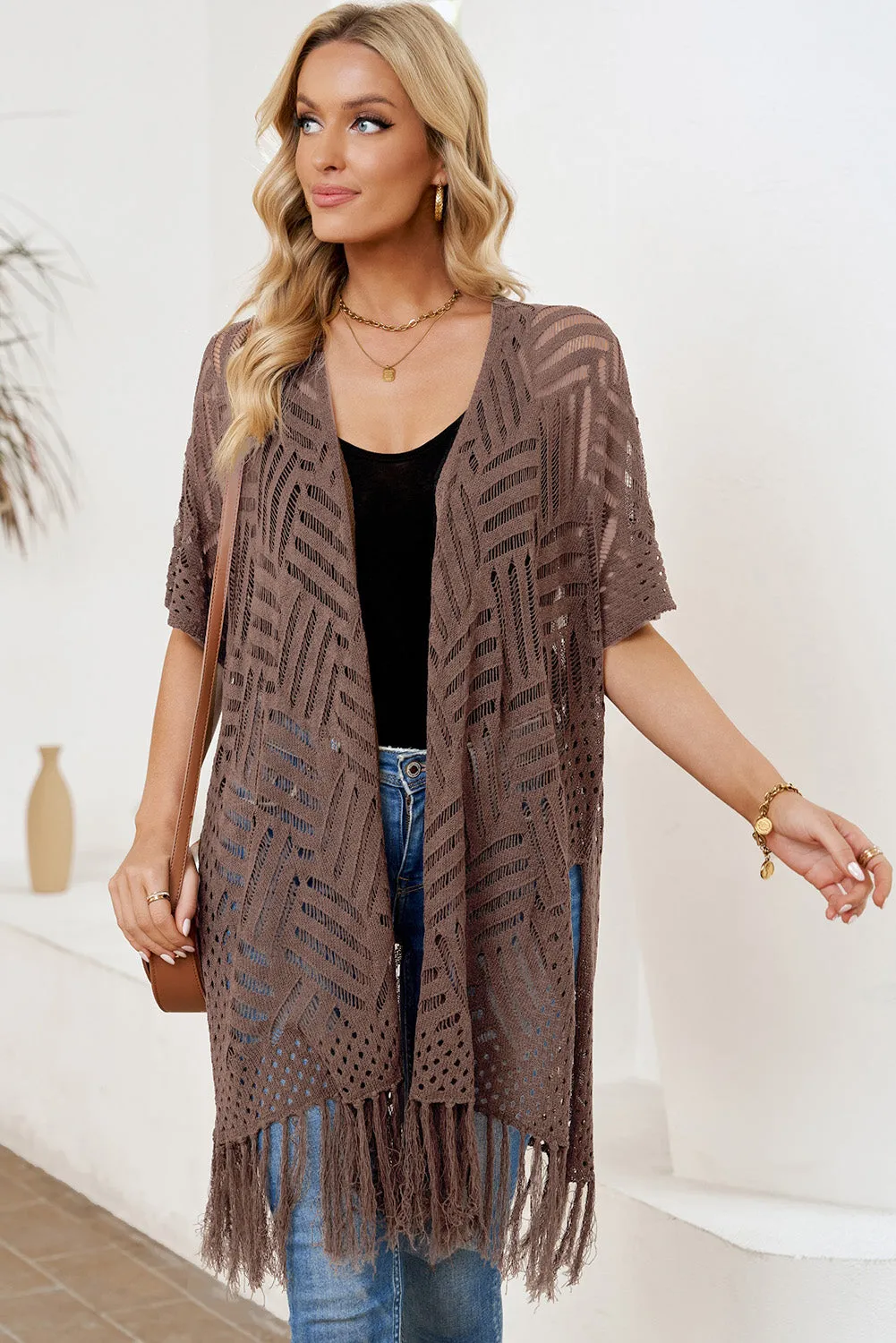 Women's Loose Knitwear Tassels Kimono with Slits