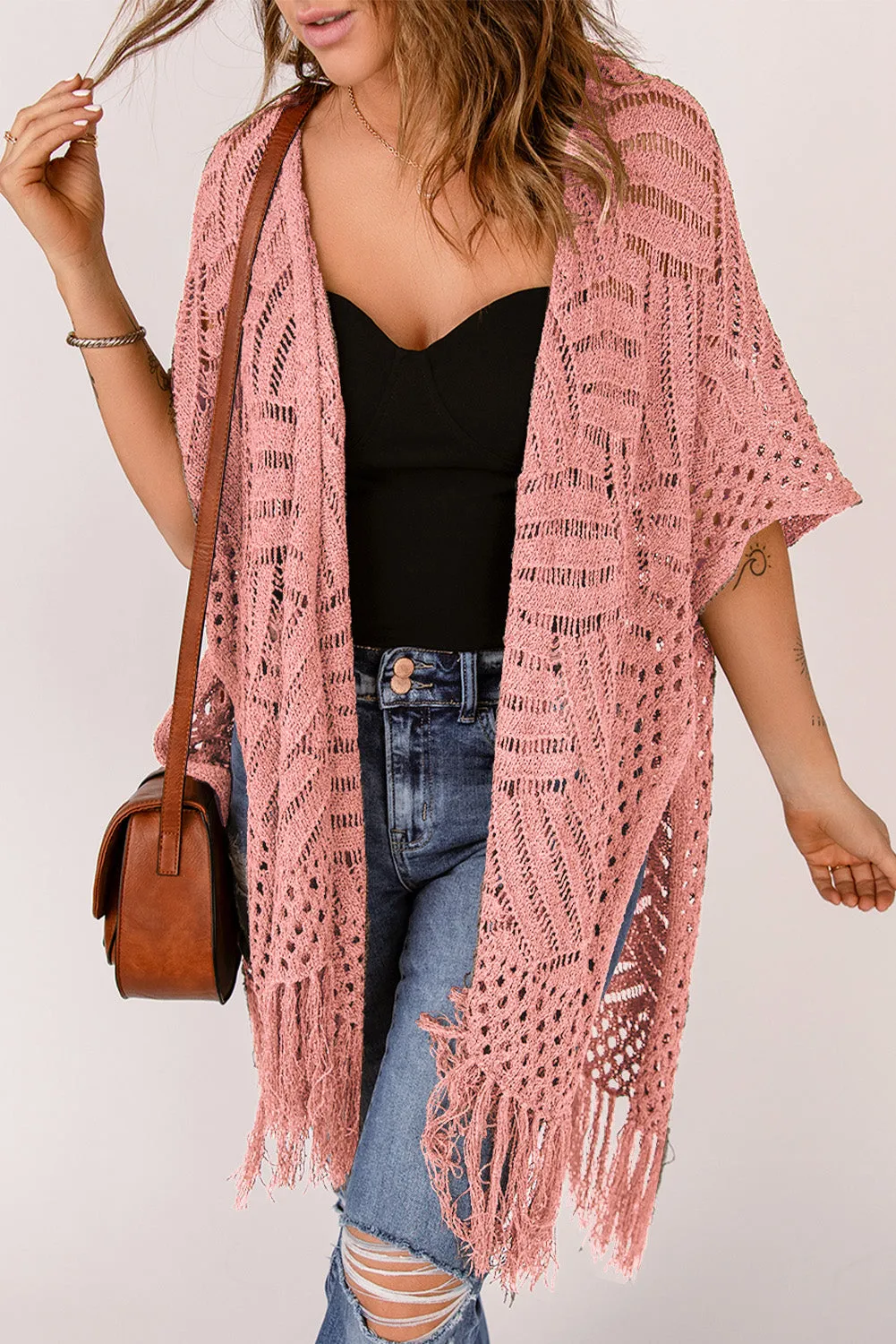 Women's Loose Knitwear Tassels Kimono with Slits