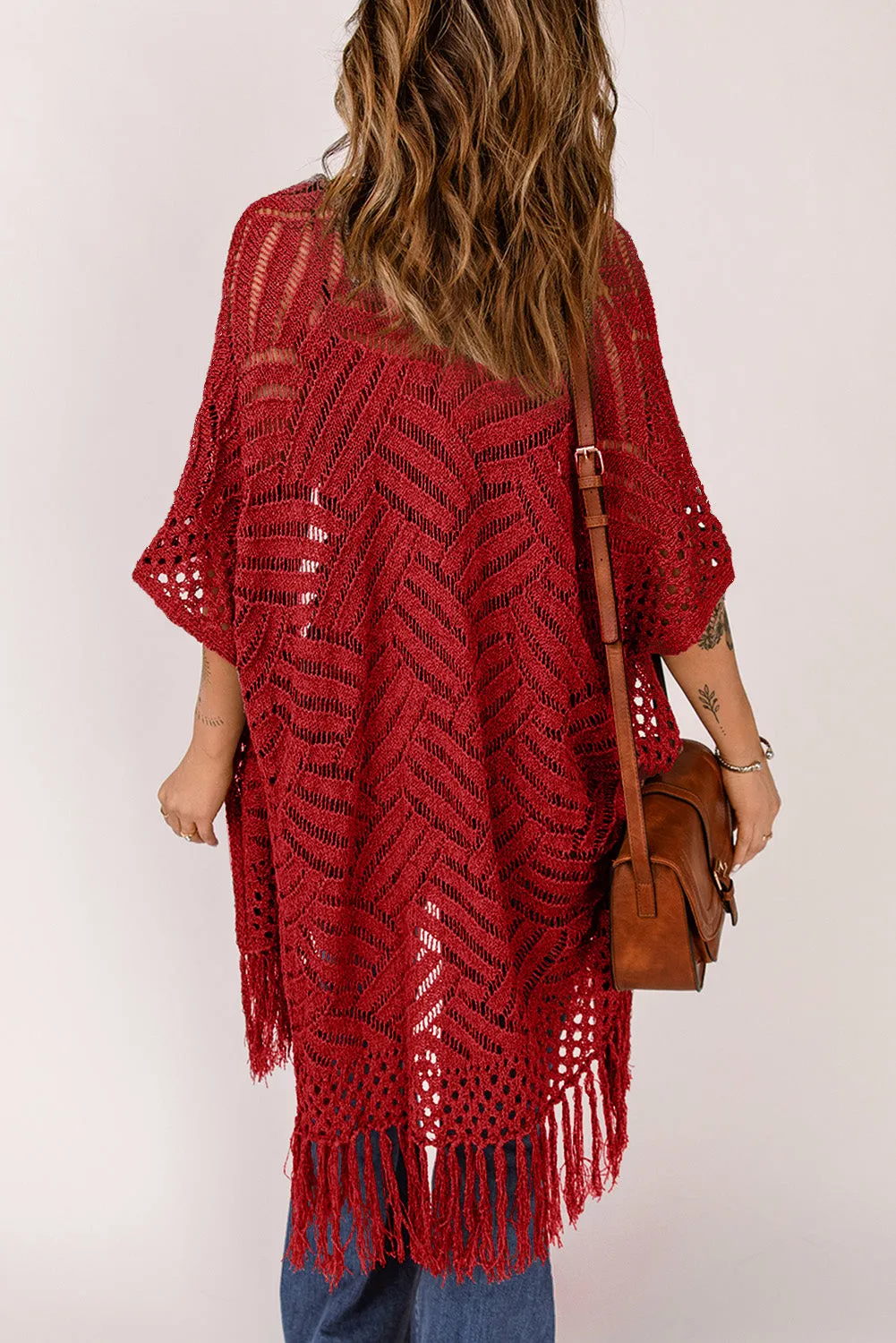 Women's Loose Knitwear Tassels Kimono with Slits