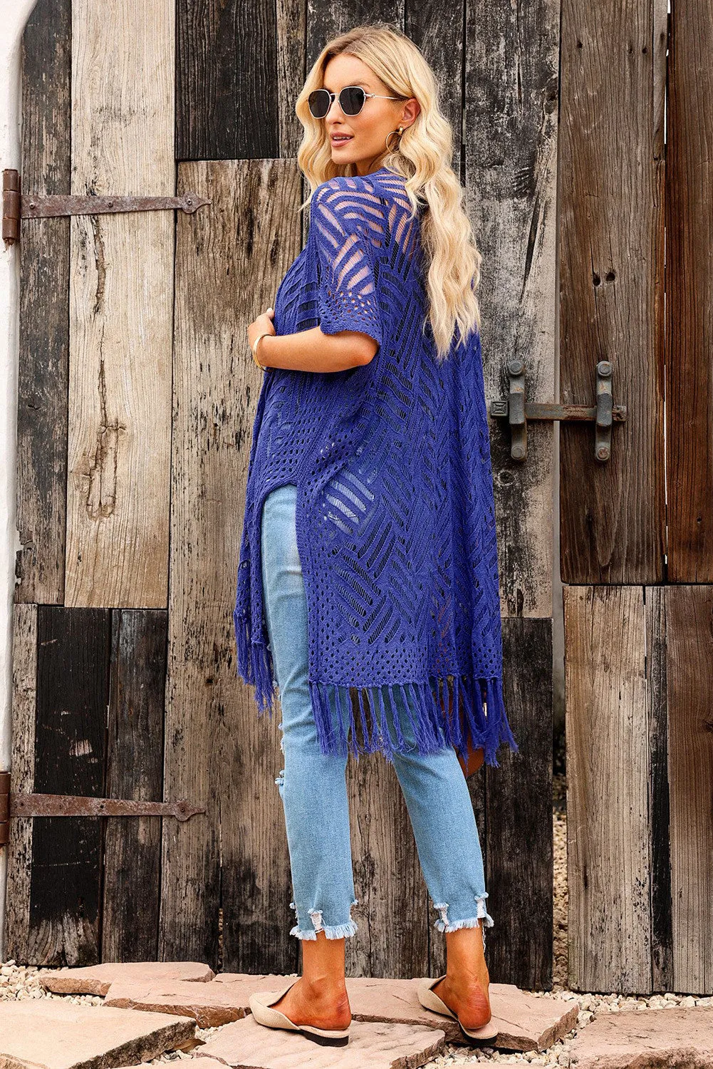 Women's Loose Knitwear Tassels Kimono with Slits