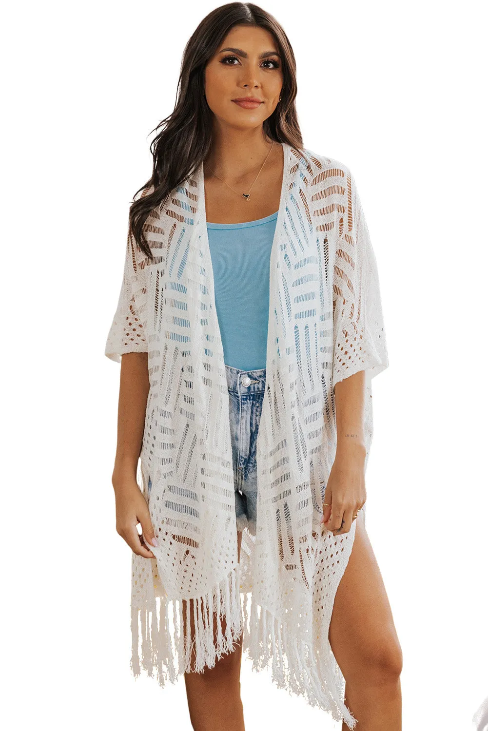 Women's Loose Knitwear Tassels Kimono with Slits