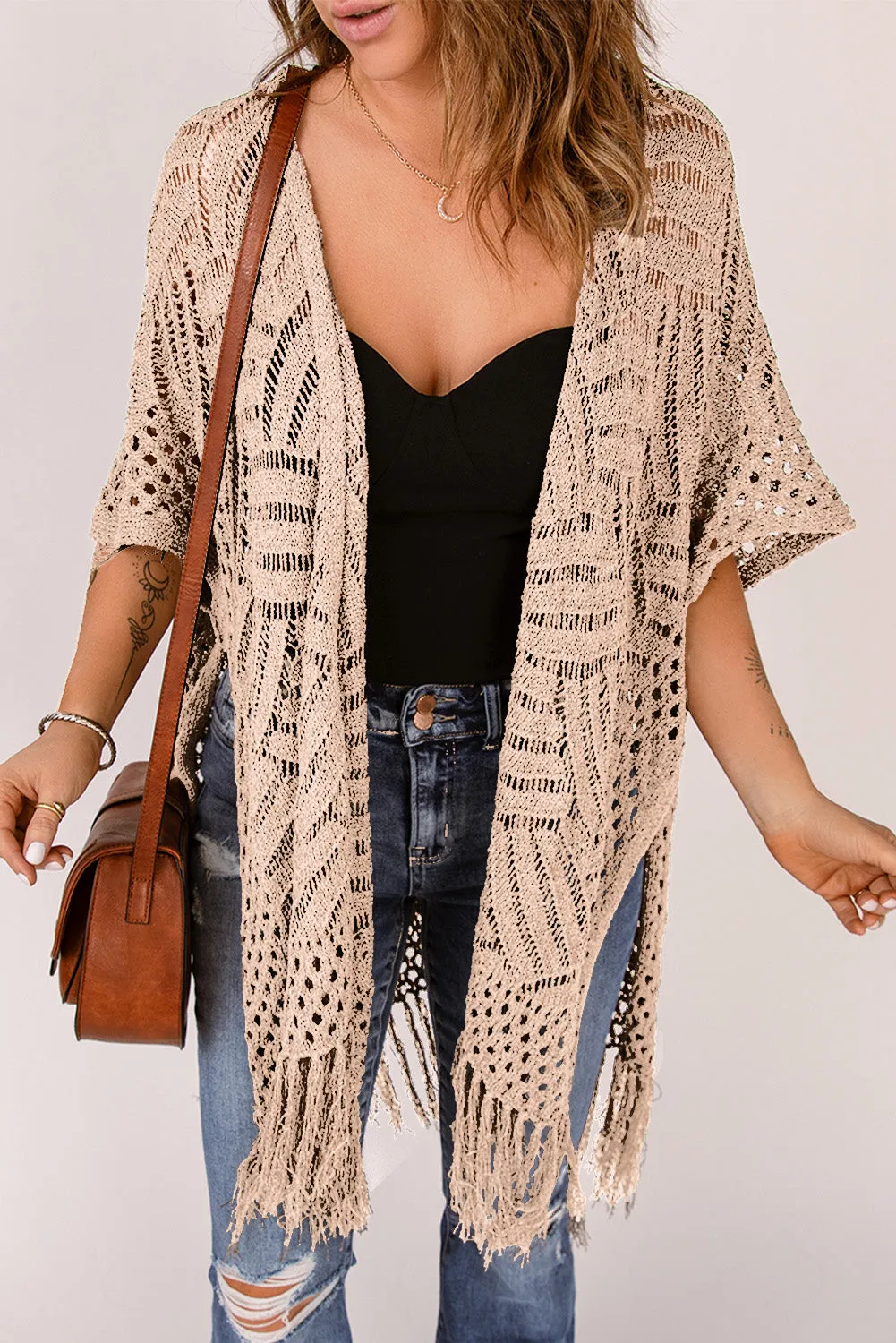 Women's Loose Knitwear Tassels Kimono with Slits