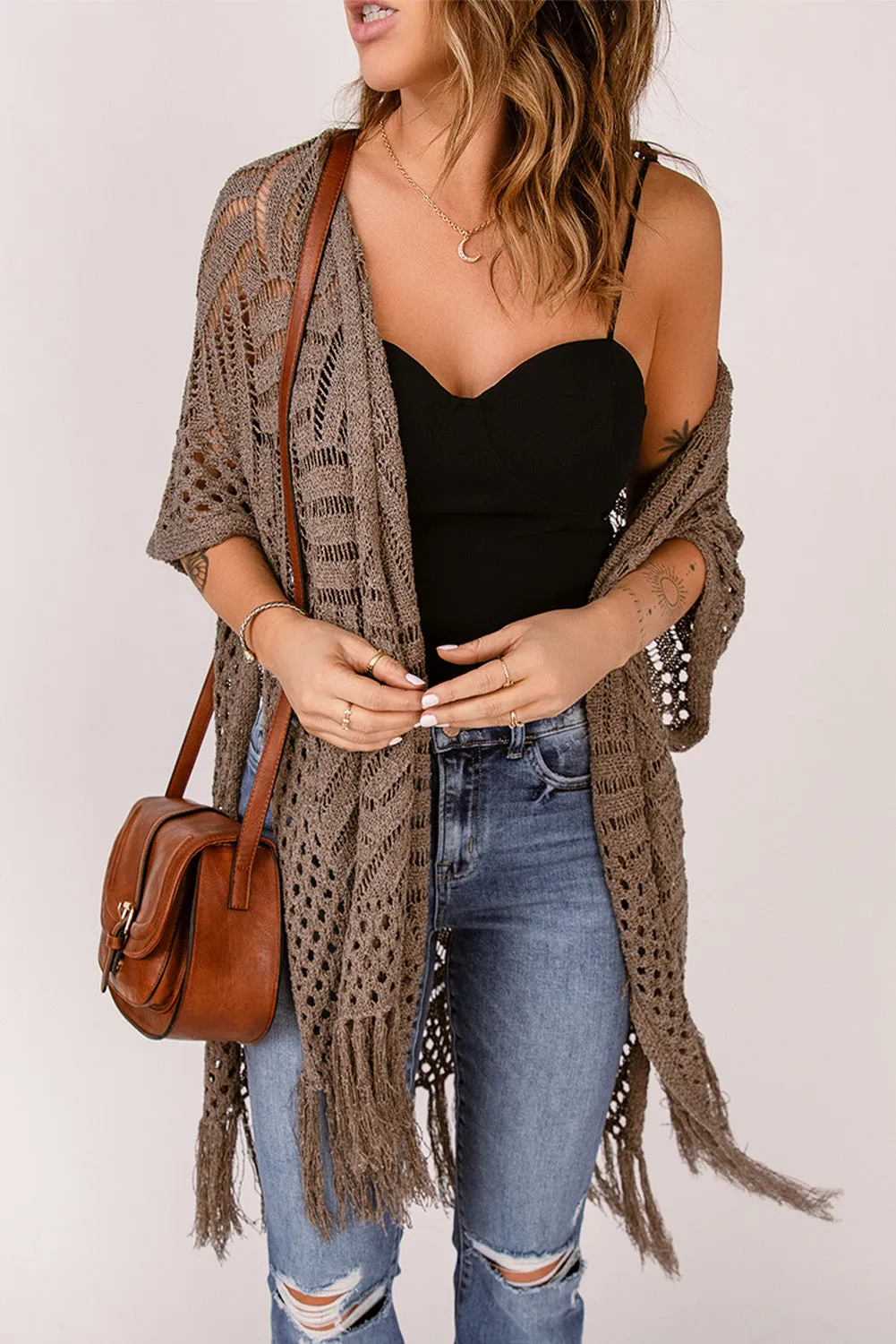 Women's Loose Knitwear Tassels Kimono with Slits