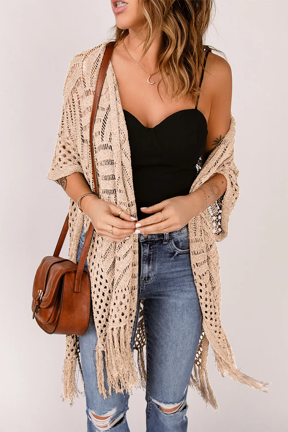 Women's Loose Knitwear Tassels Kimono with Slits