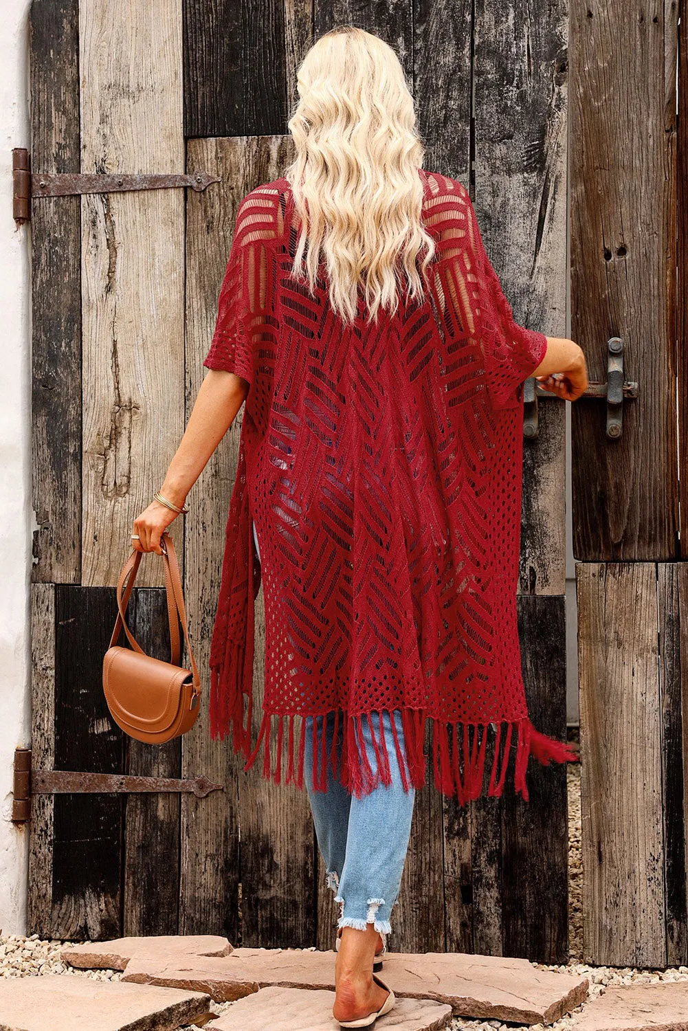 Women's Loose Knitwear Tassels Kimono with Slits