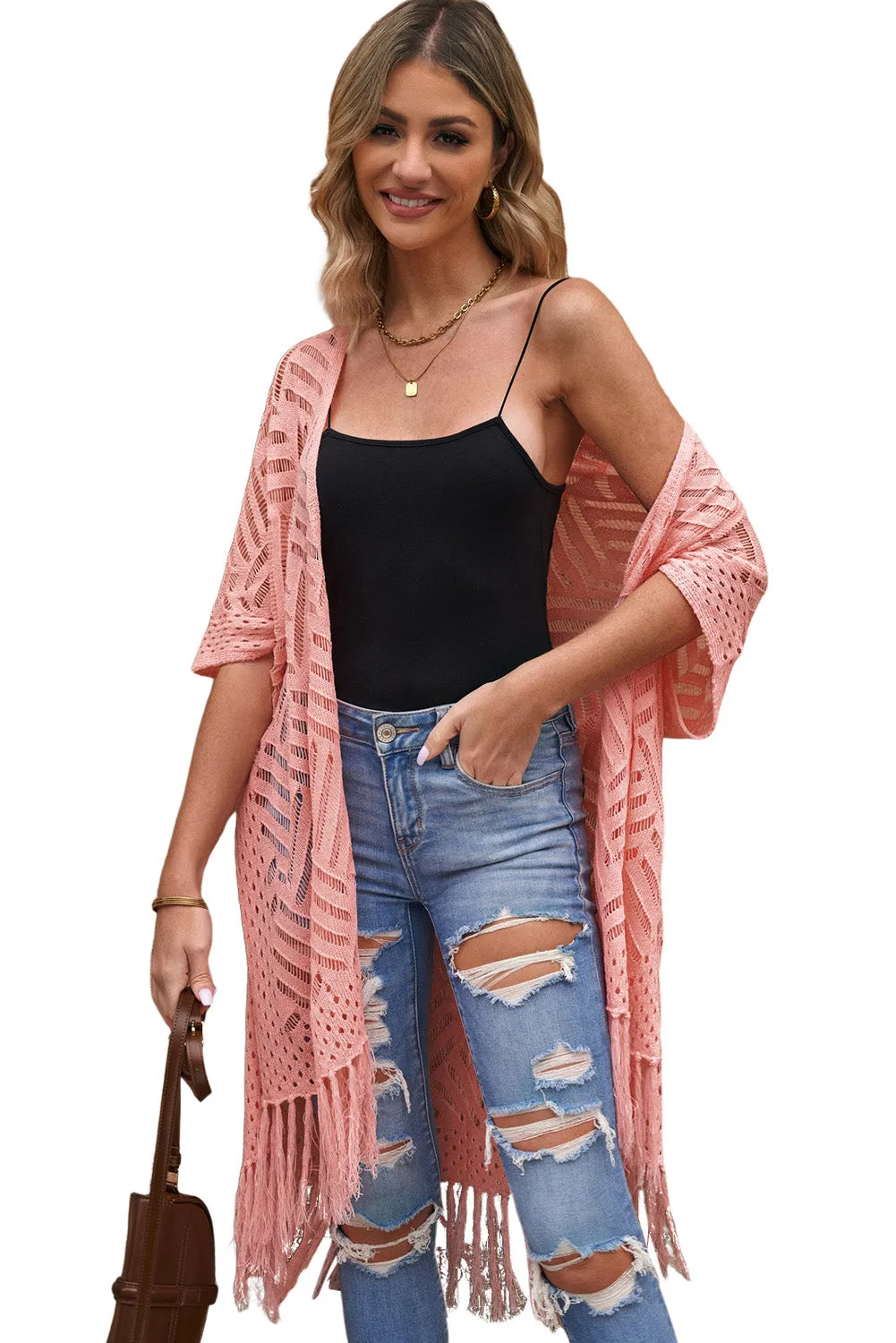 Women's Loose Knitwear Tassels Kimono with Slits