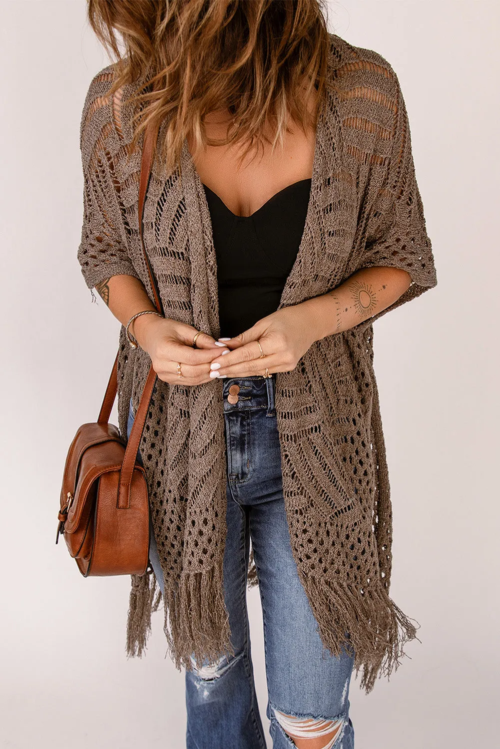 Women's Loose Knitwear Tassels Kimono with Slits