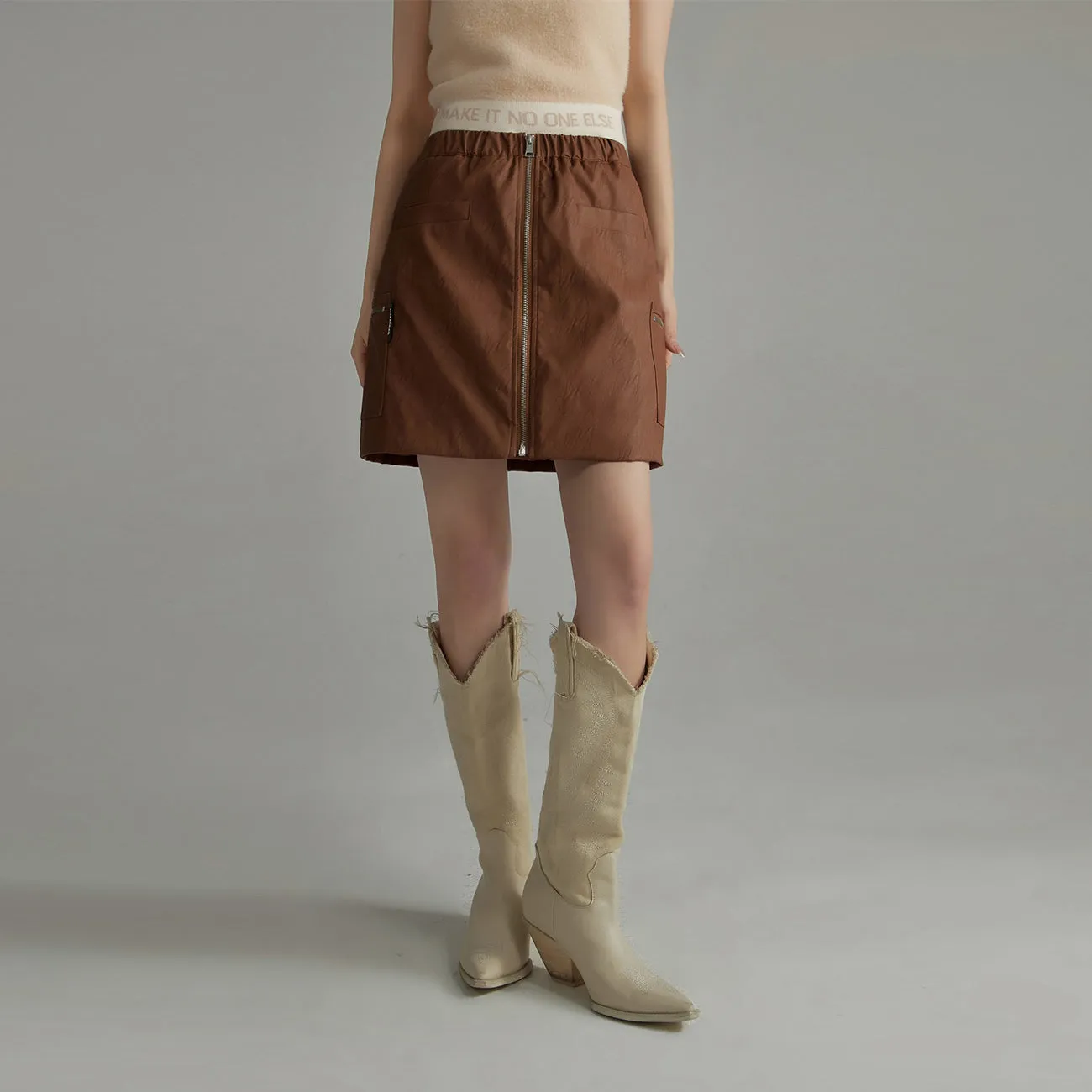 Zip-Up Leather A-Line Skirt