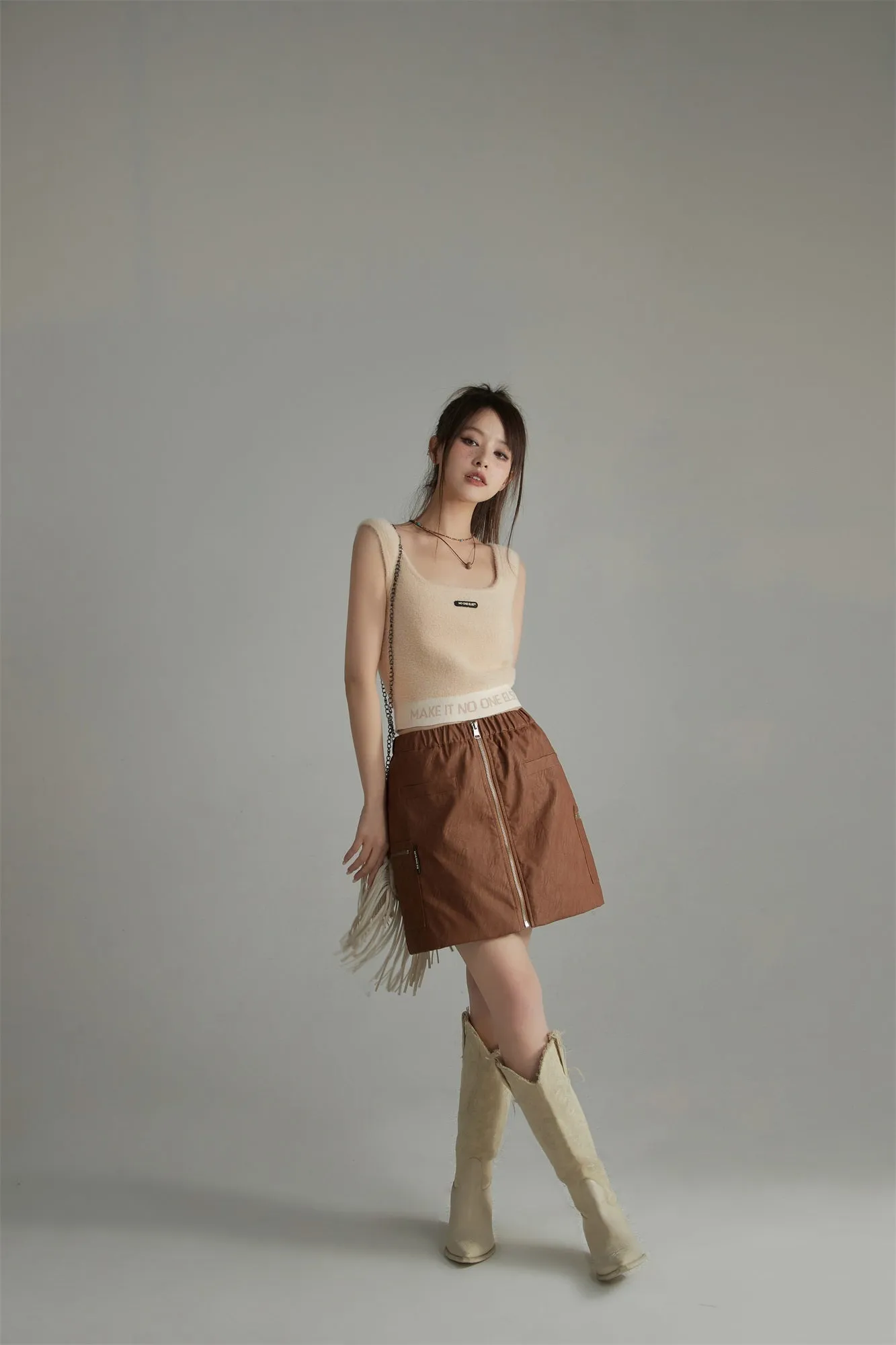 Zip-Up Leather A-Line Skirt