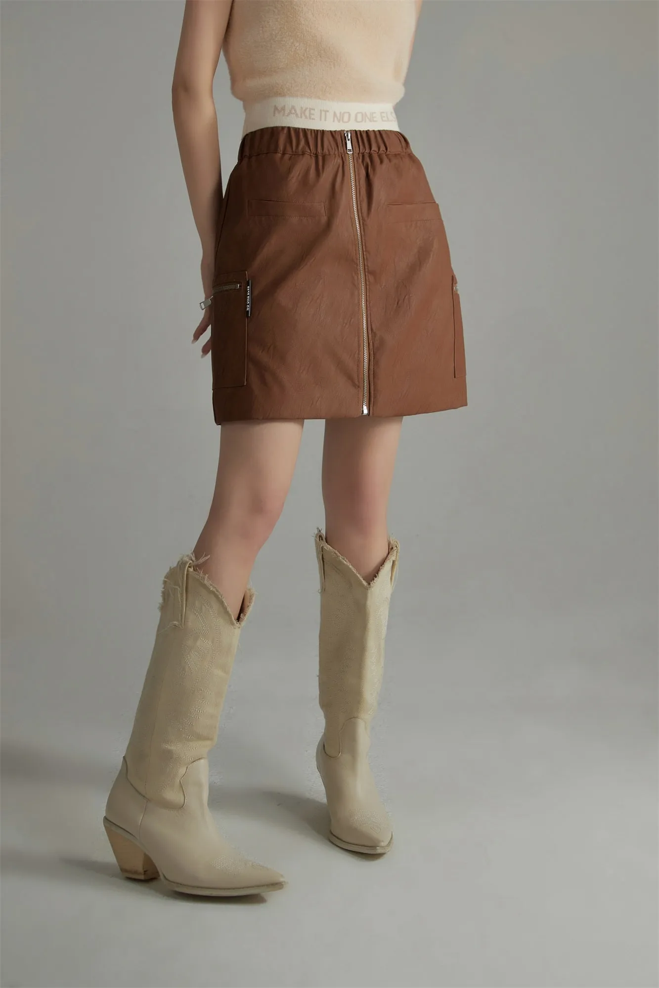 Zip-Up Leather A-Line Skirt