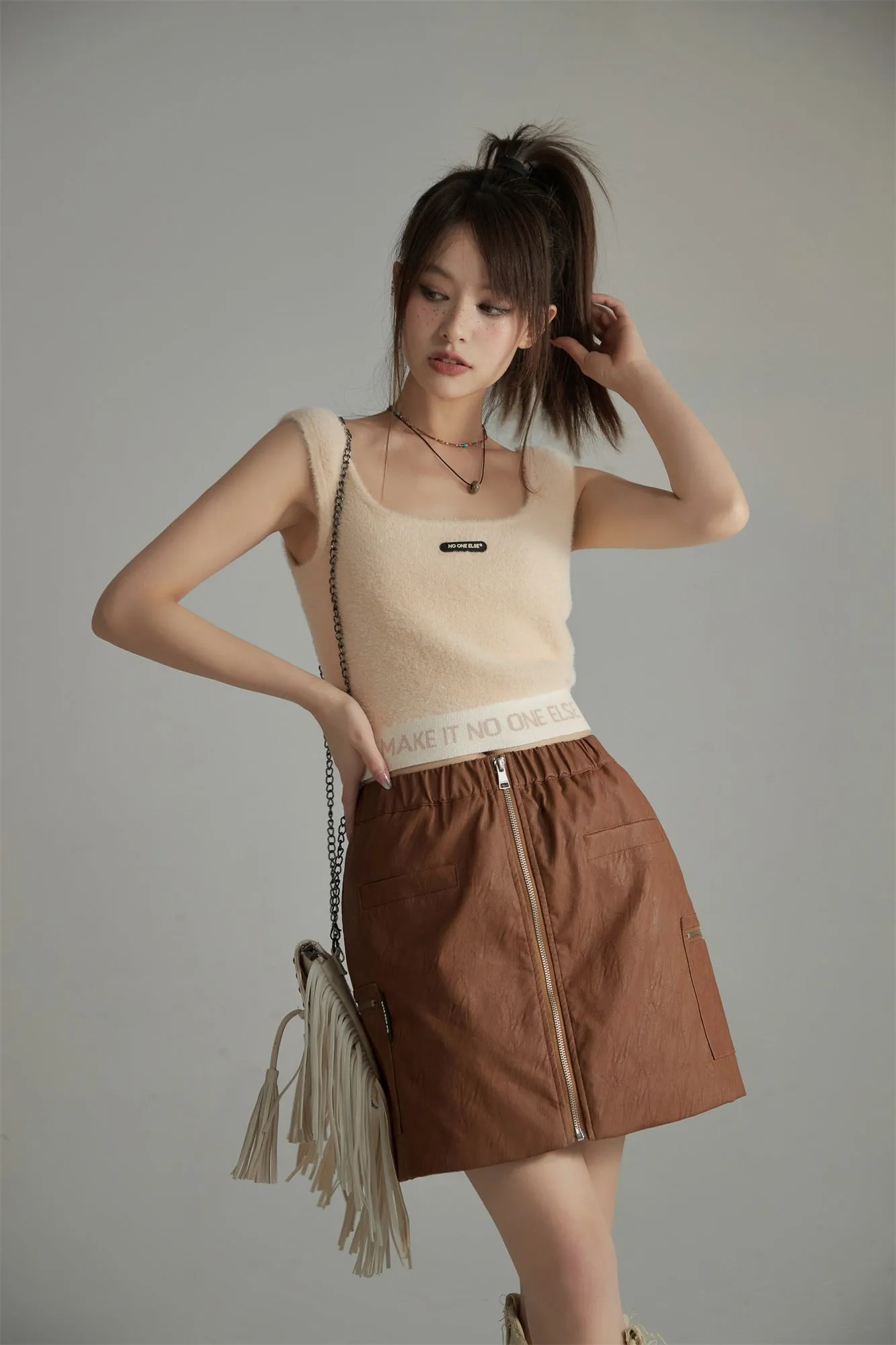 Zip-Up Leather A-Line Skirt